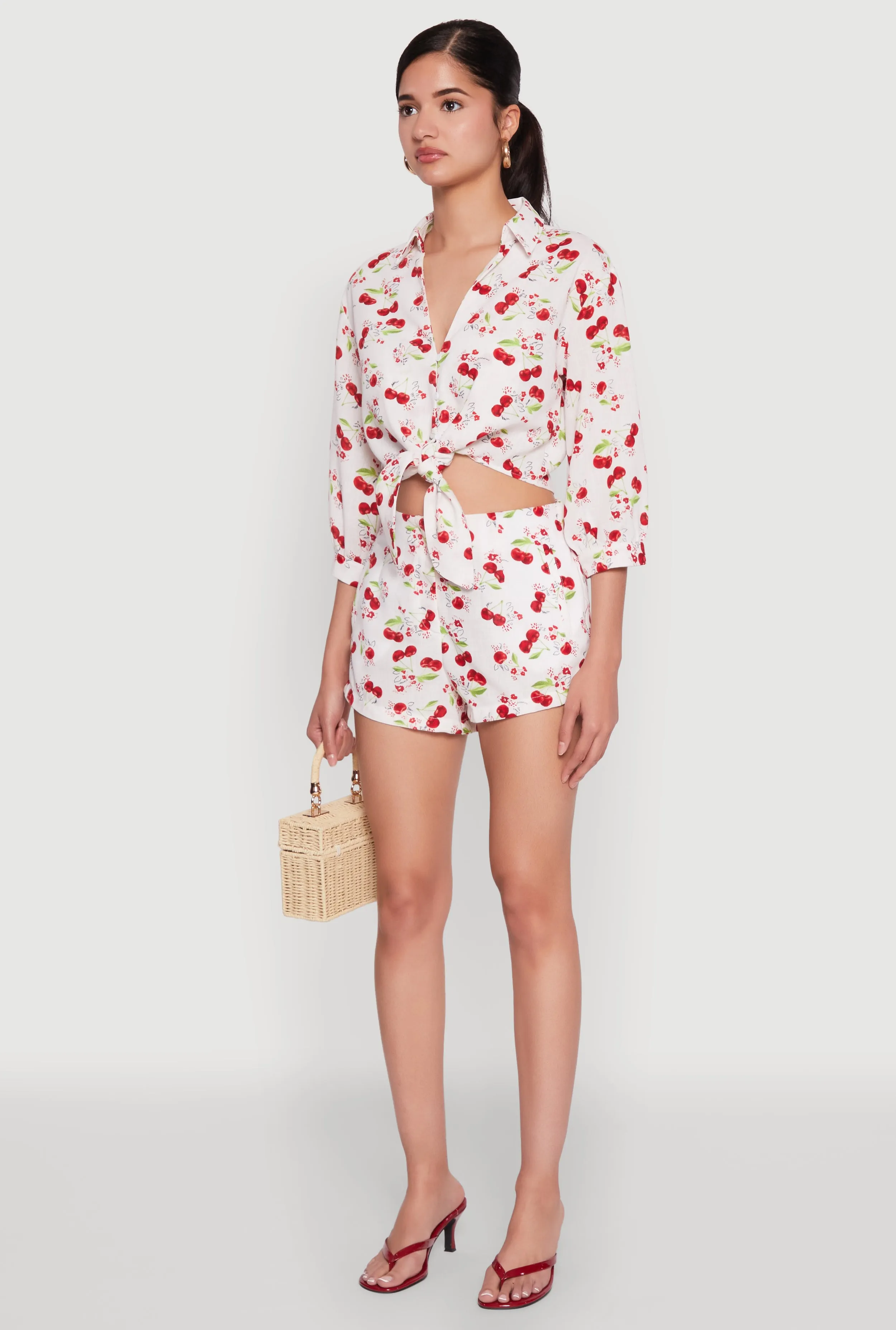 Haute Monde Cherry Print Tie Front Crop Top sold by Rainbow product image thumbnail 5