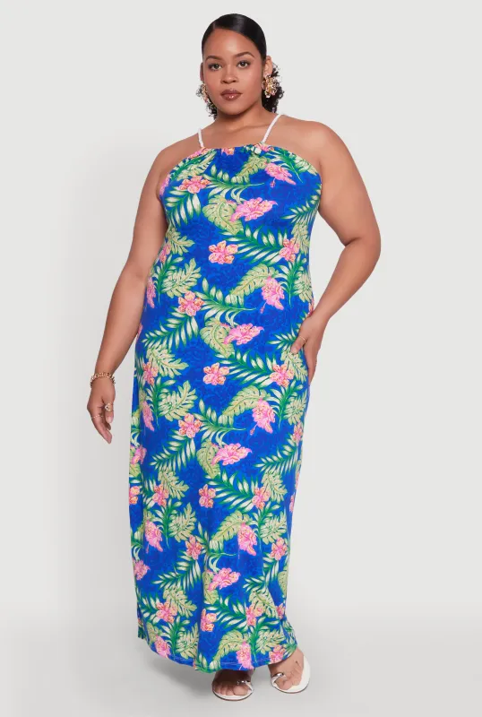 Plus Size Leaf Print Halter Dress sold by Rainbow