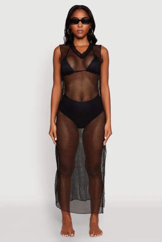 V Neck Side Slit Fishnet Cover Up Dress sold by Rainbow