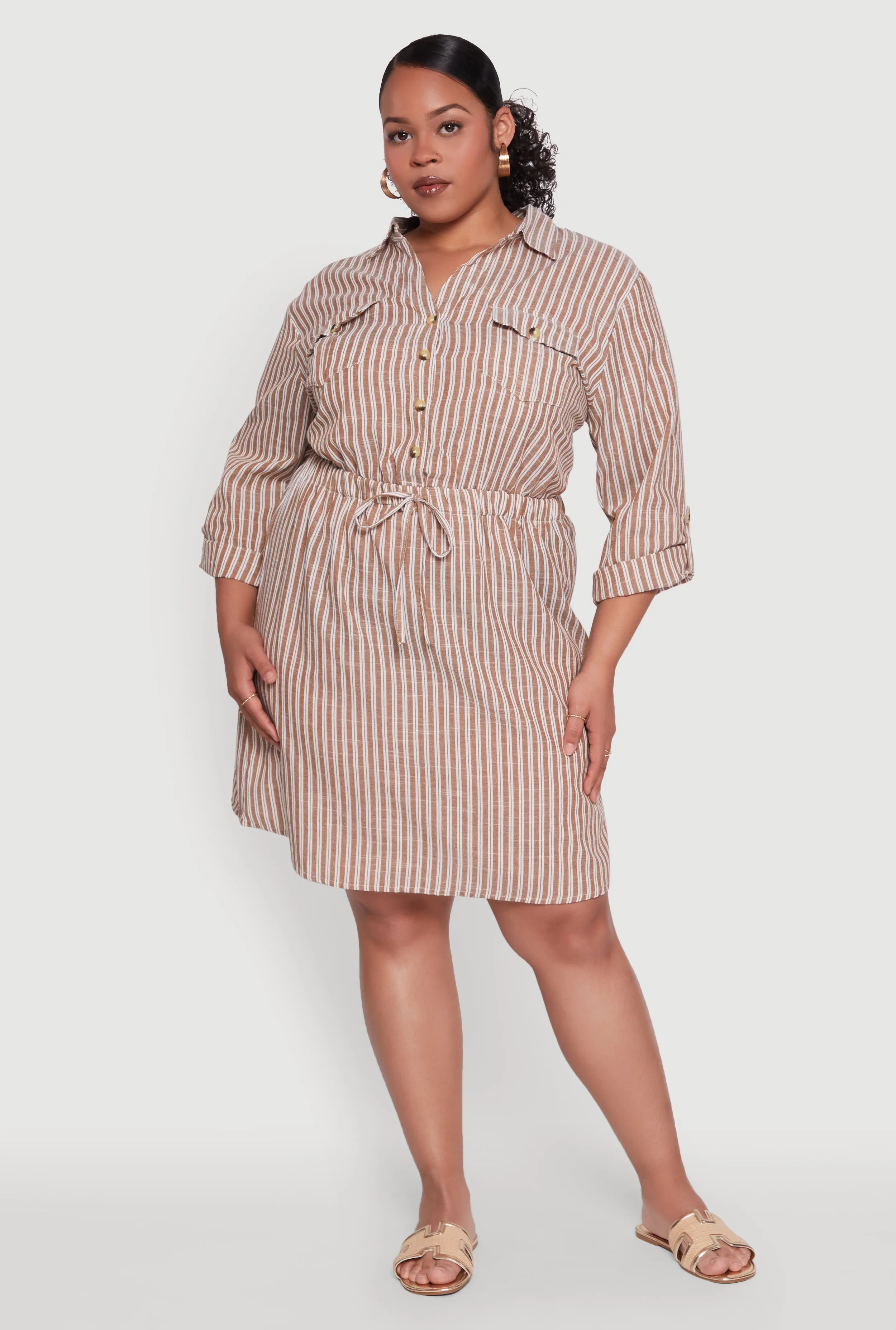 Plus Size Half Button Striped Shirt Dress sold by Rainbow