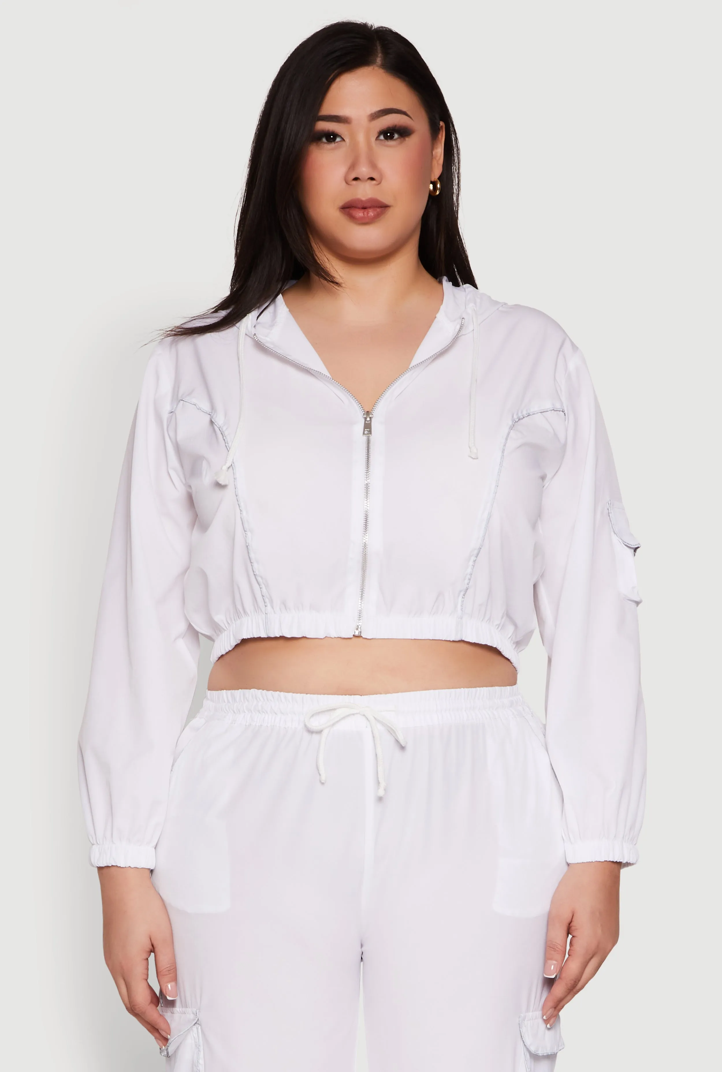Plus Size Cargo Pocket Sleeve Cropped Track Jacket sold by Rainbow