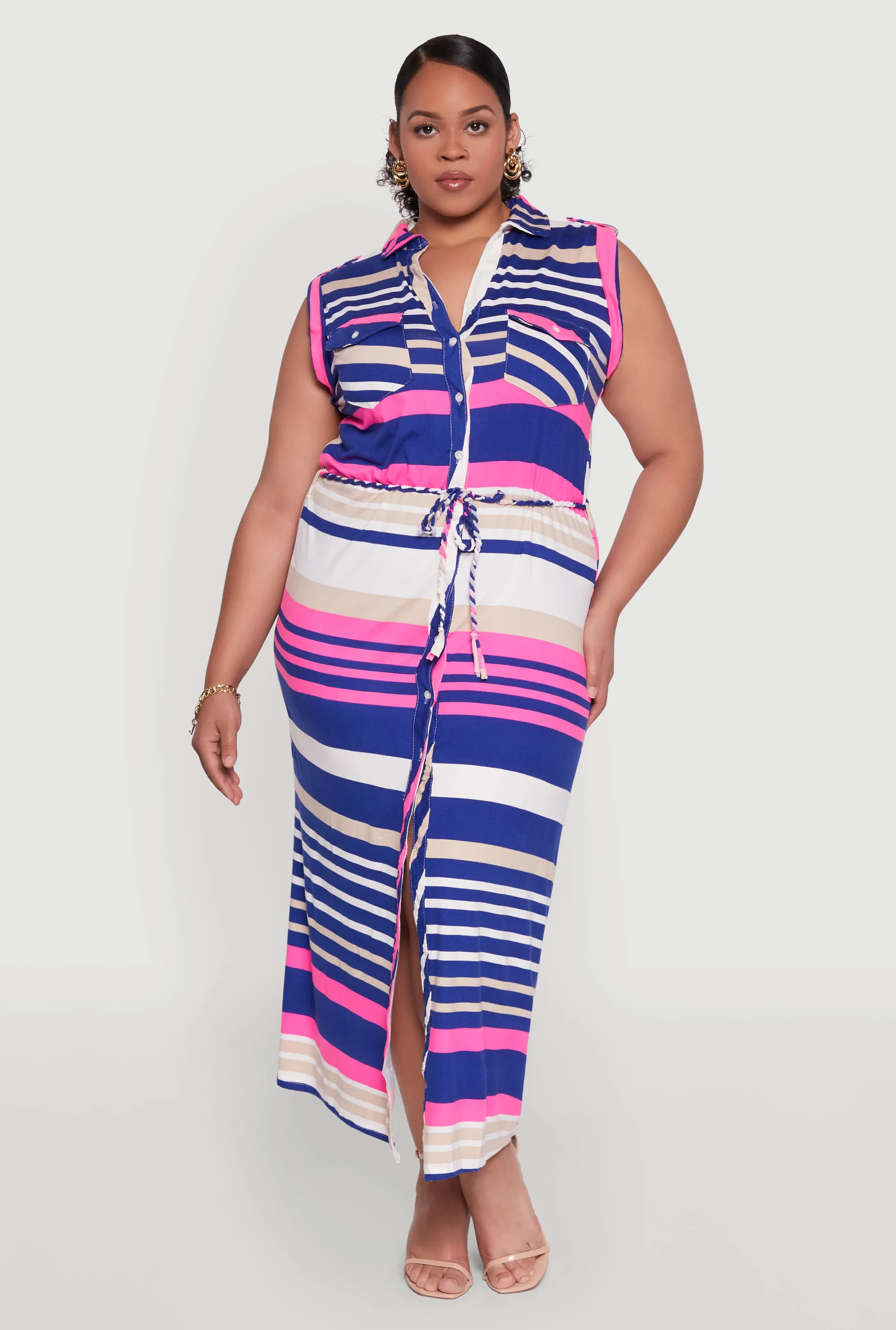 Plus Size Striped Tie Waist Shirt Dress sold by Rainbow