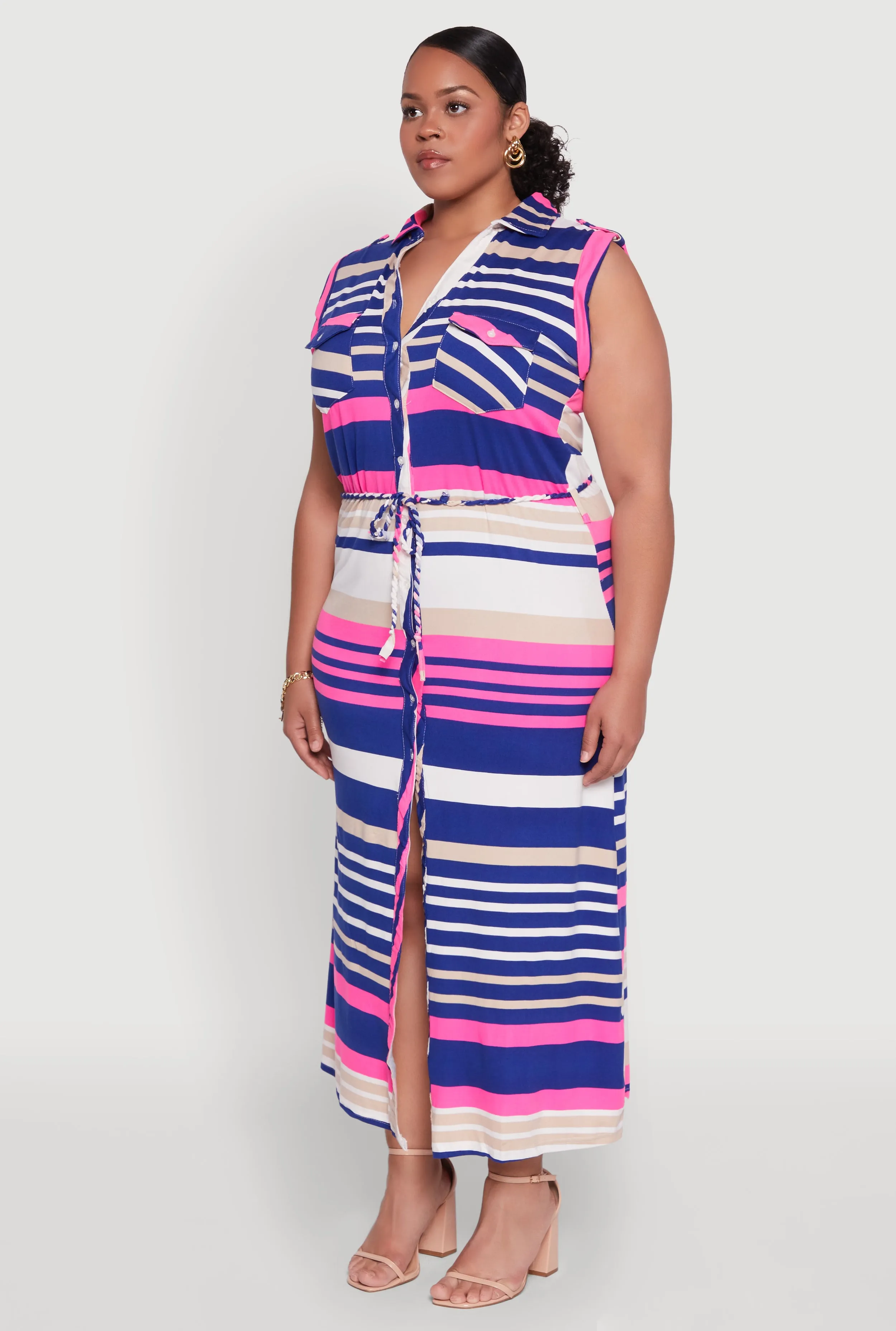 Plus Size Striped Tie Waist Shirt Dress sold by Rainbow product image thumbnail 3