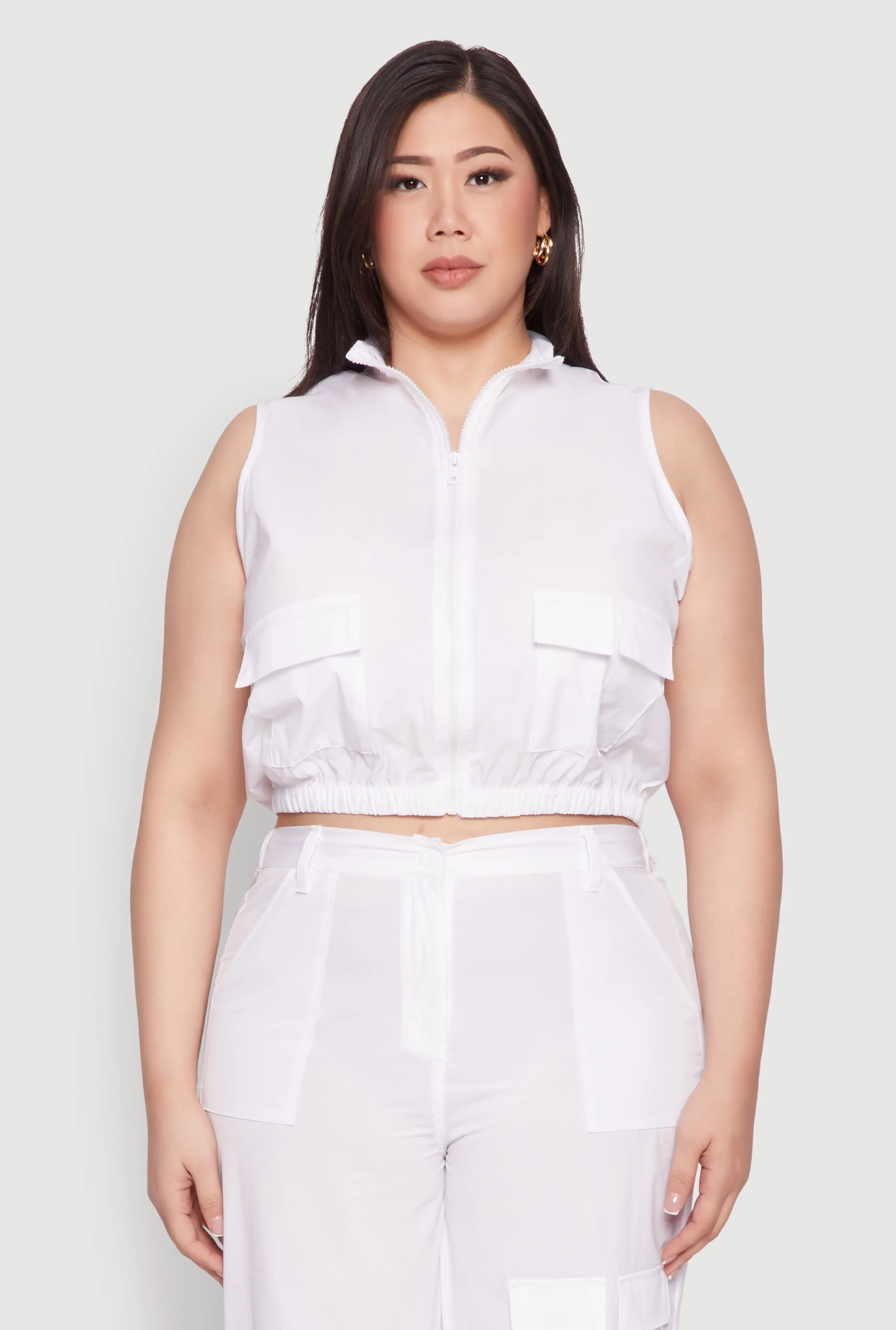 Plus Size Sleeveless Utility Zip Front Top sold by Rainbow