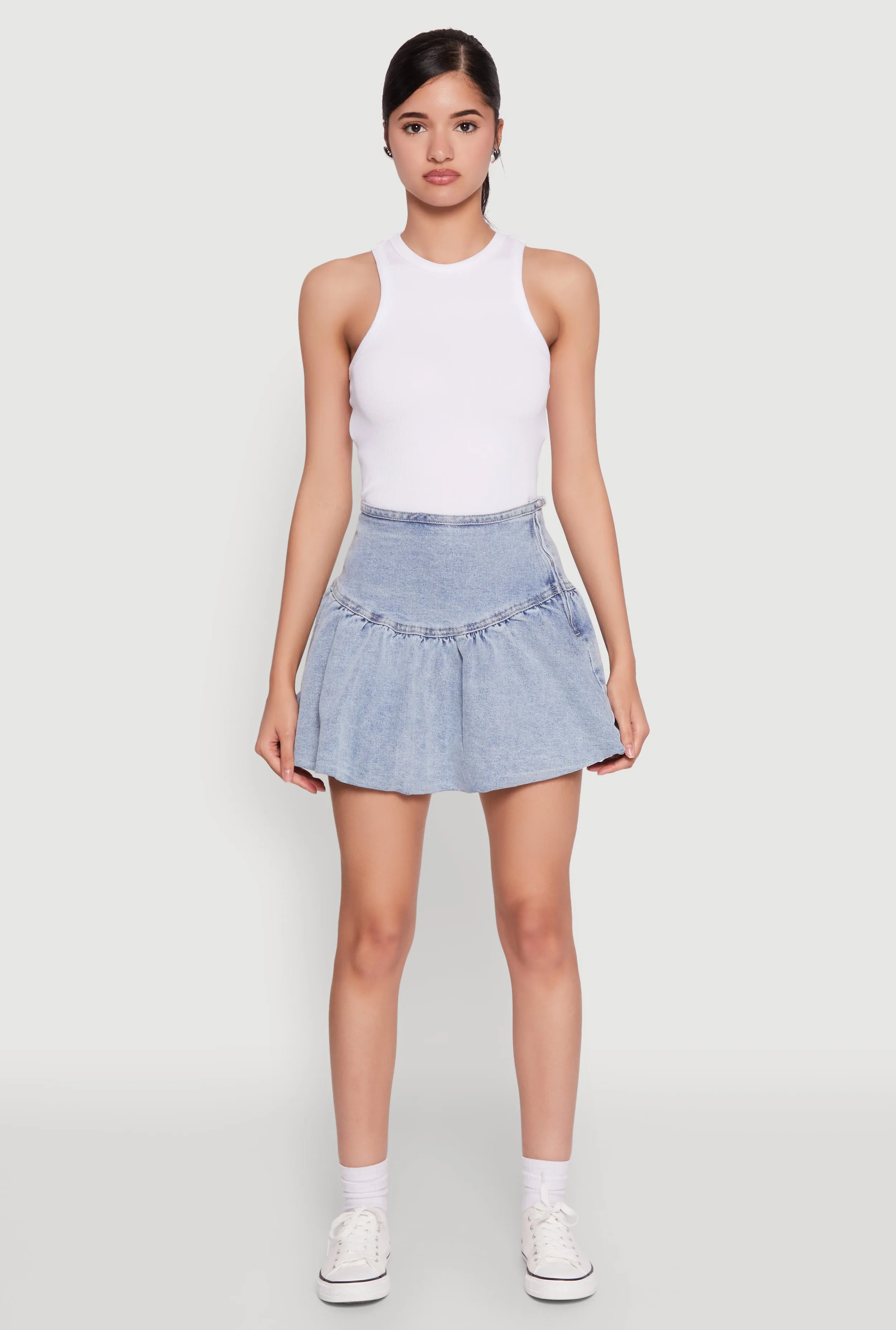 Almost Famous Denim High Waist Bubble Mini Skirt sold by Rainbow