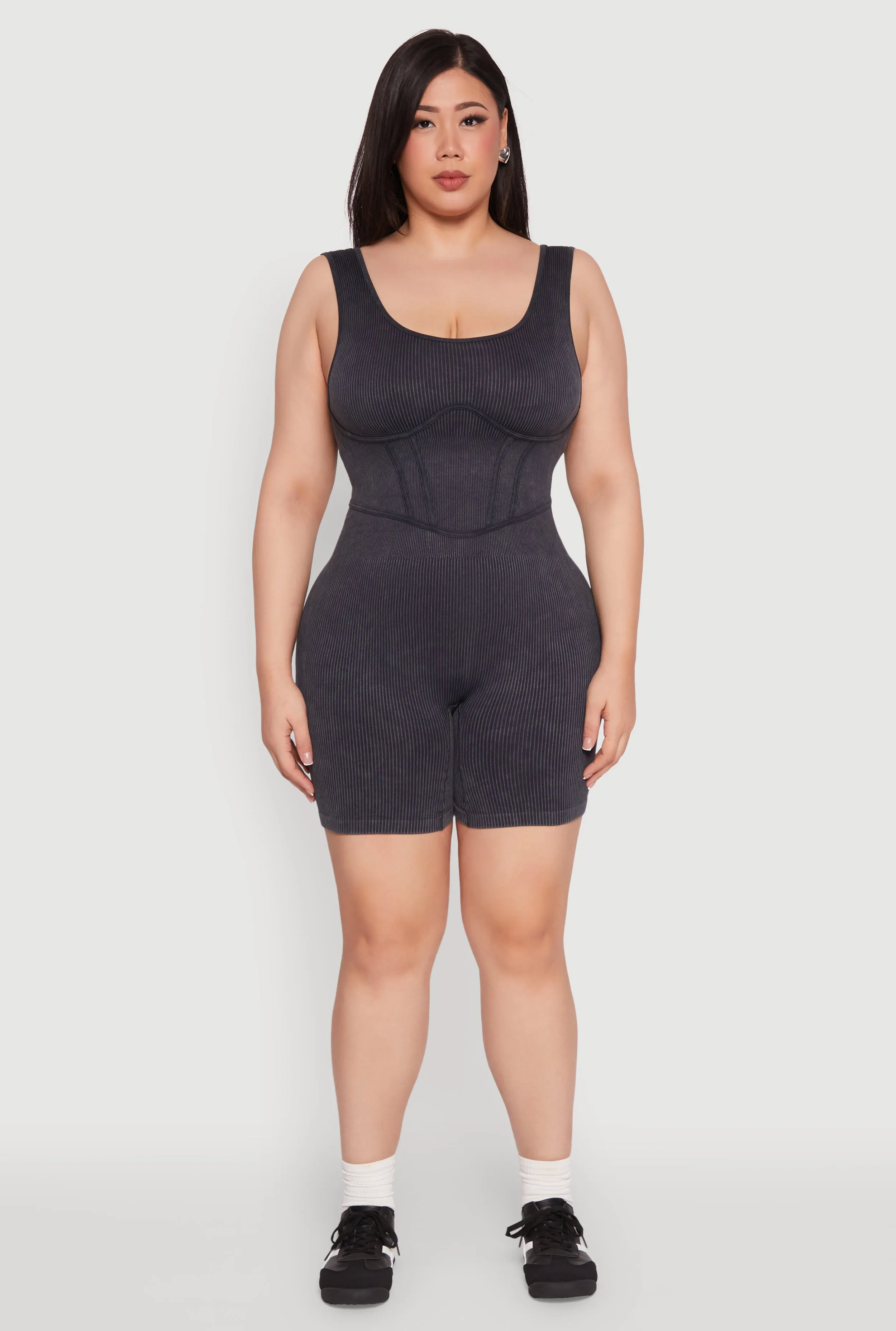 Plus Size Seamless Ribbed Corset Detail Biker Romper sold by Rainbow product image thumbnail 2