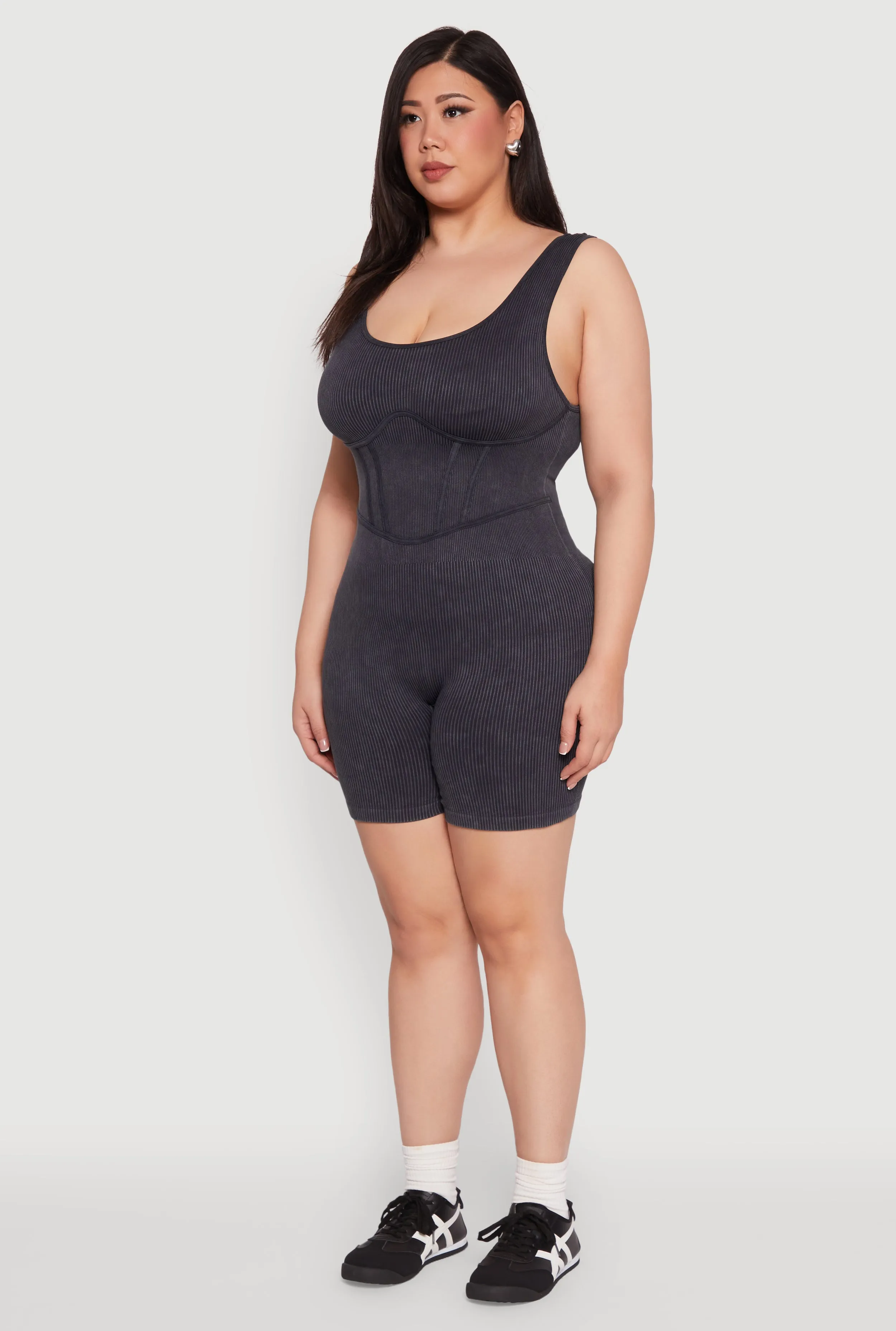 Plus Size Seamless Ribbed Corset Detail Biker Romper sold by Rainbow product image thumbnail 3