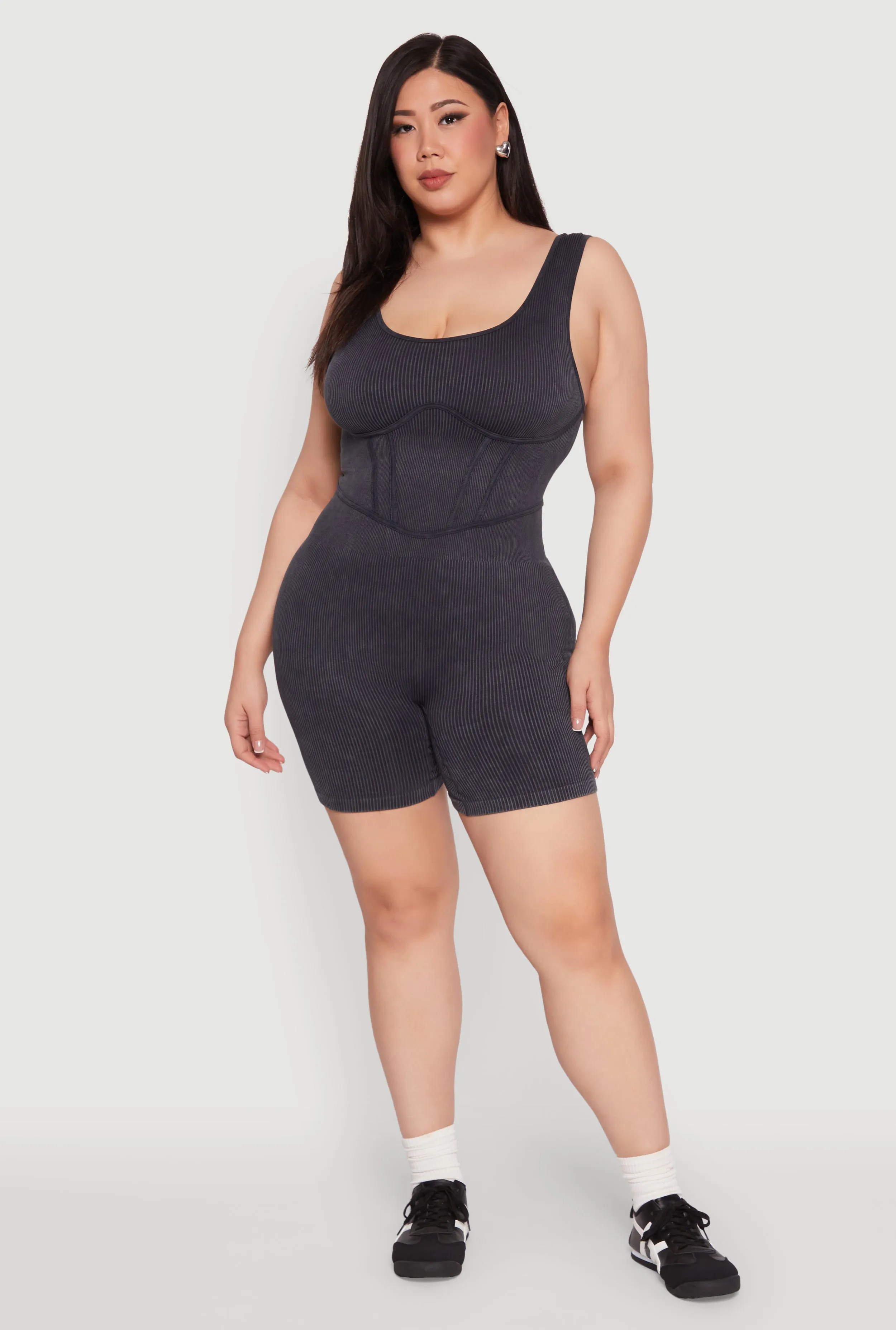 Plus Size Seamless Ribbed Corset Detail Biker Romper sold by Rainbow