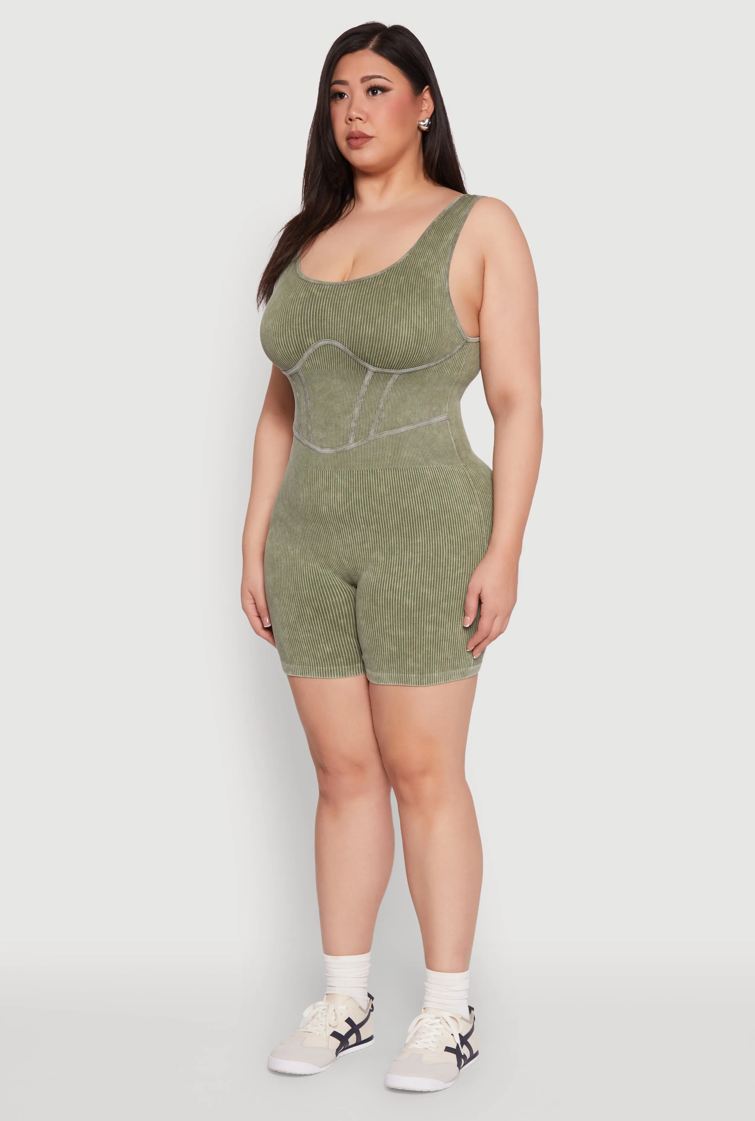 Plus Size Seamless Ribbed Corset Detail Biker Romper sold by Rainbow product image thumbnail 3