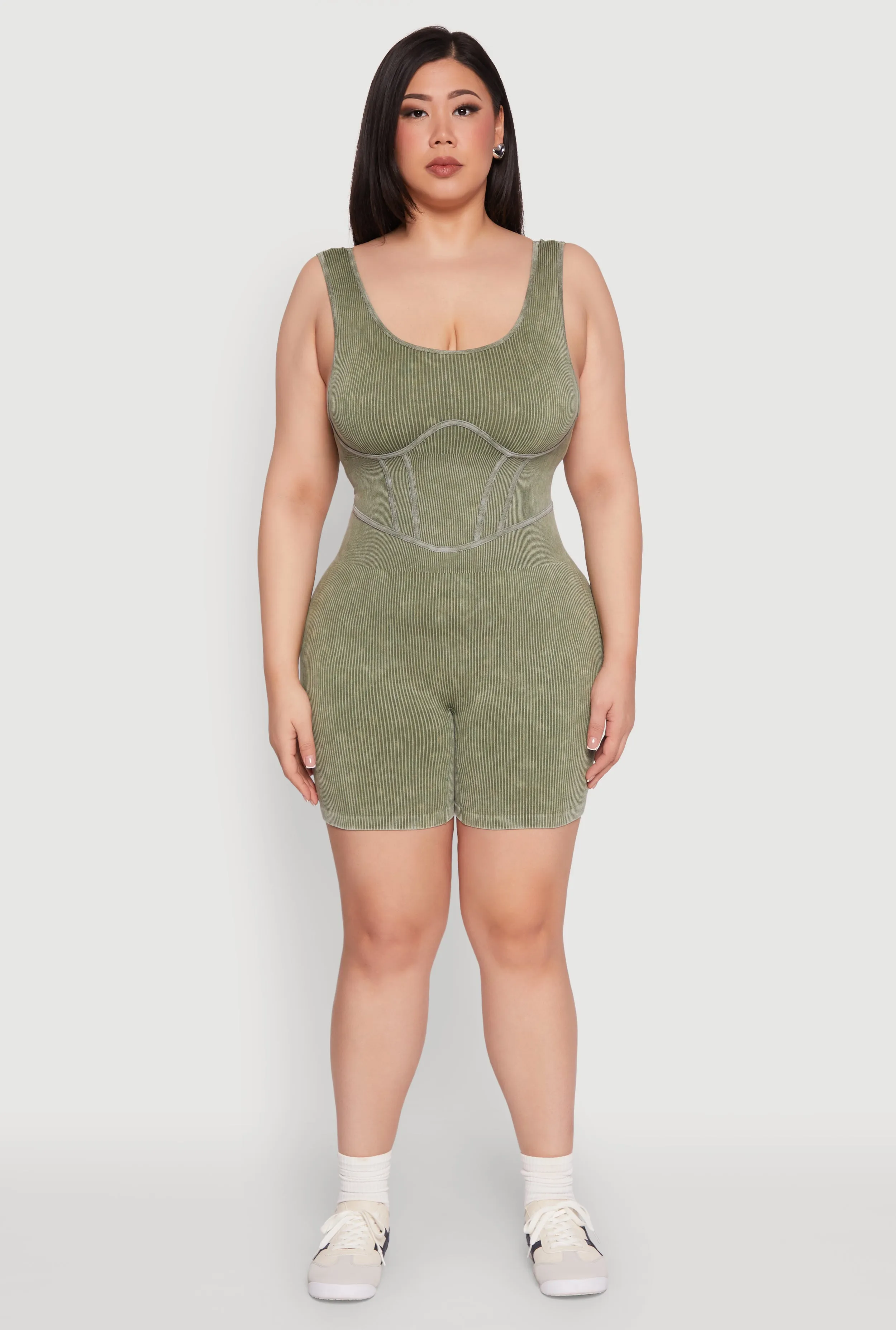 Plus Size Seamless Ribbed Corset Detail Biker Romper sold by Rainbow product image thumbnail 2