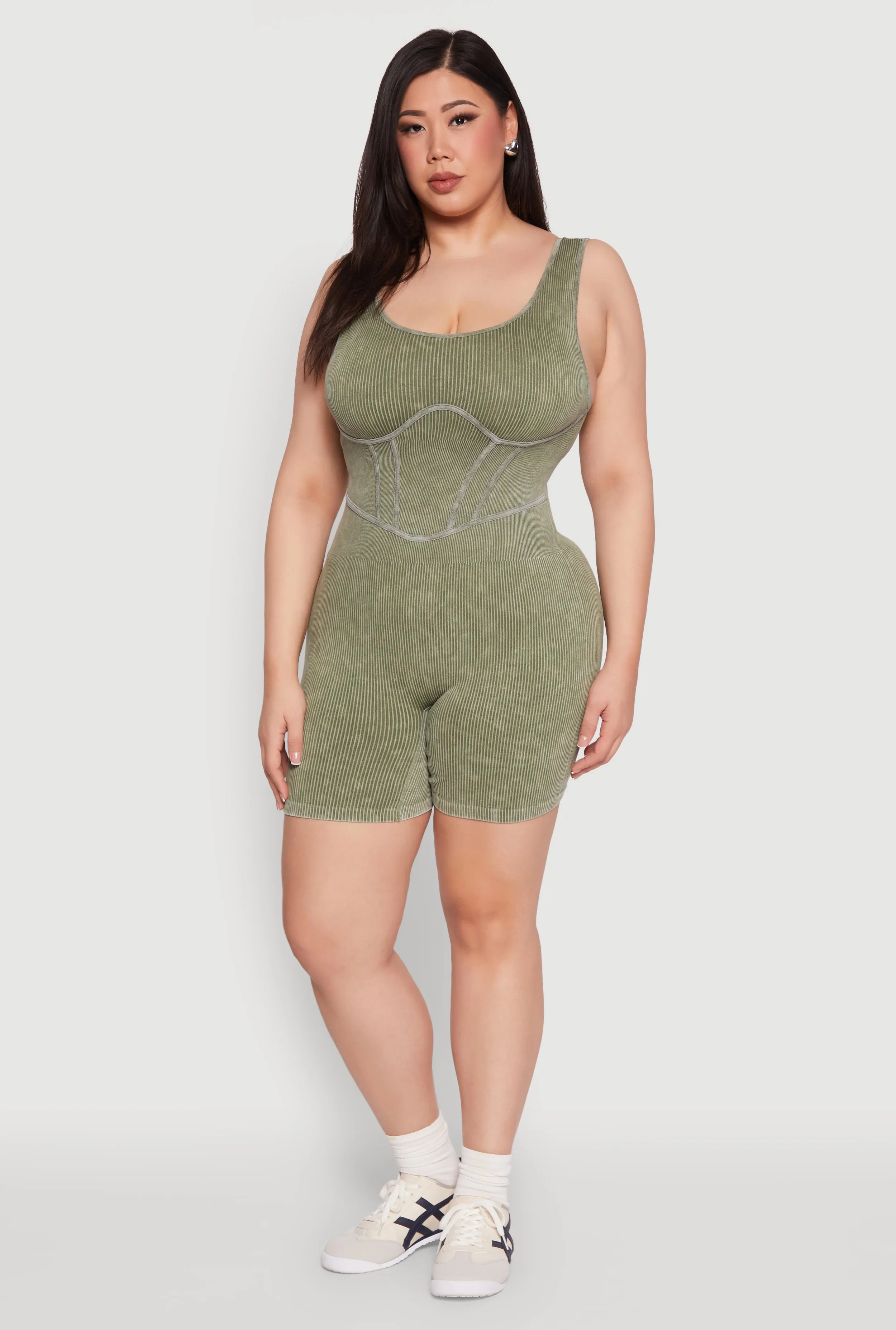 Plus Size Seamless Ribbed Corset Detail Biker Romper sold by Rainbow