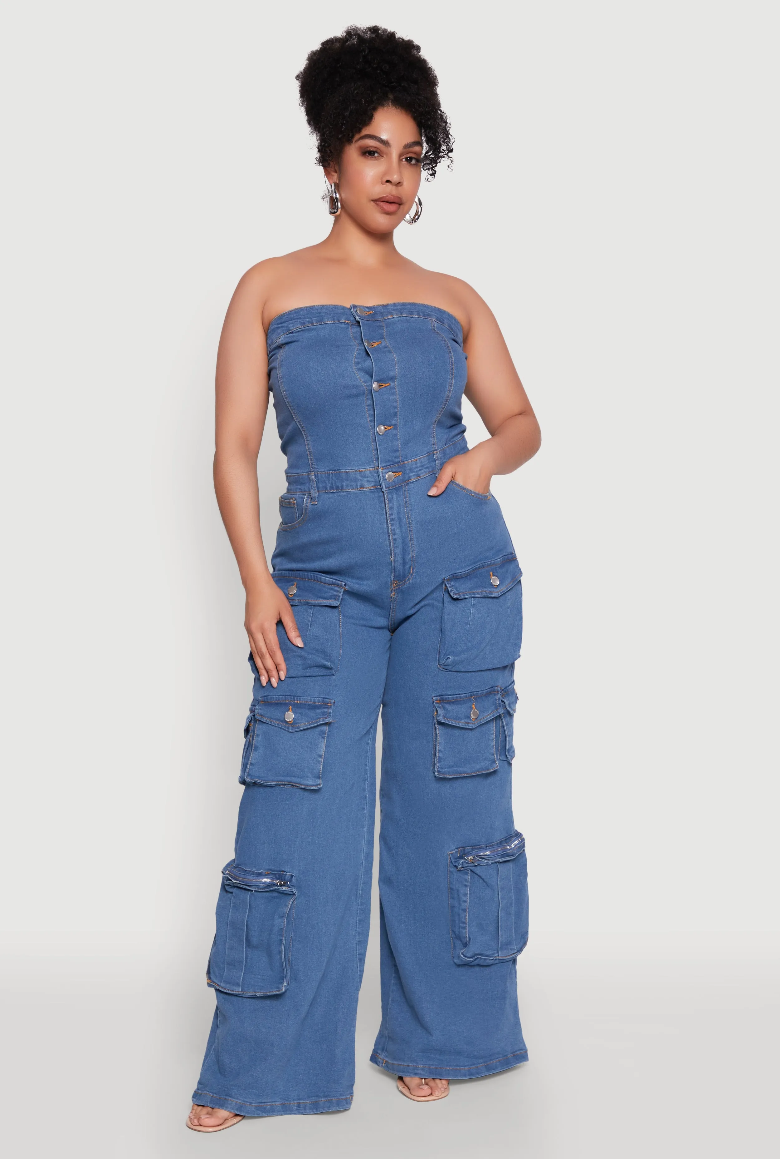Plus Size Daisy Strapless Cargo Denim Jumpsuit sold by Rainbow