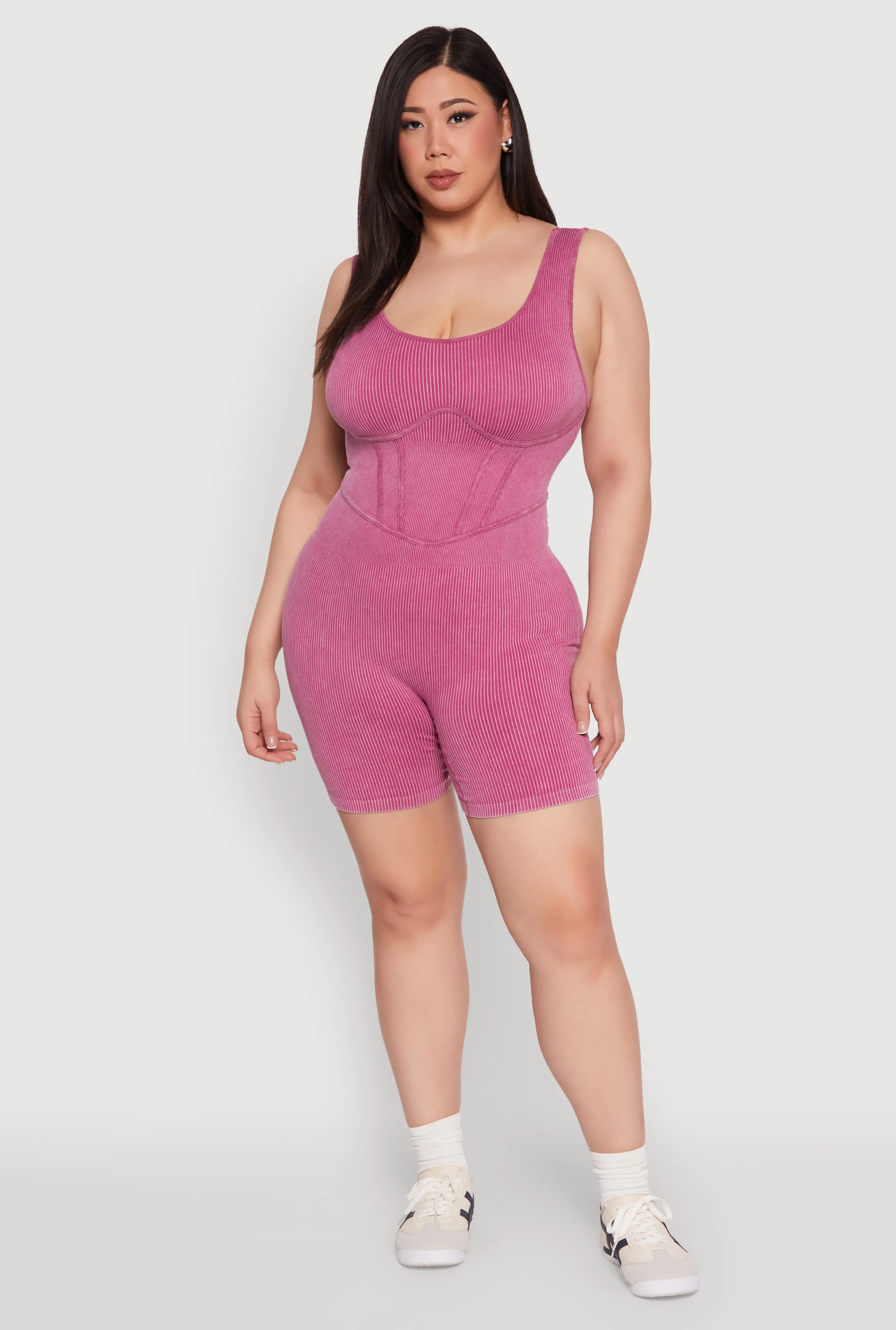 Plus Size Seamless Ribbed Corset Detail Biker Romper sold by Rainbow