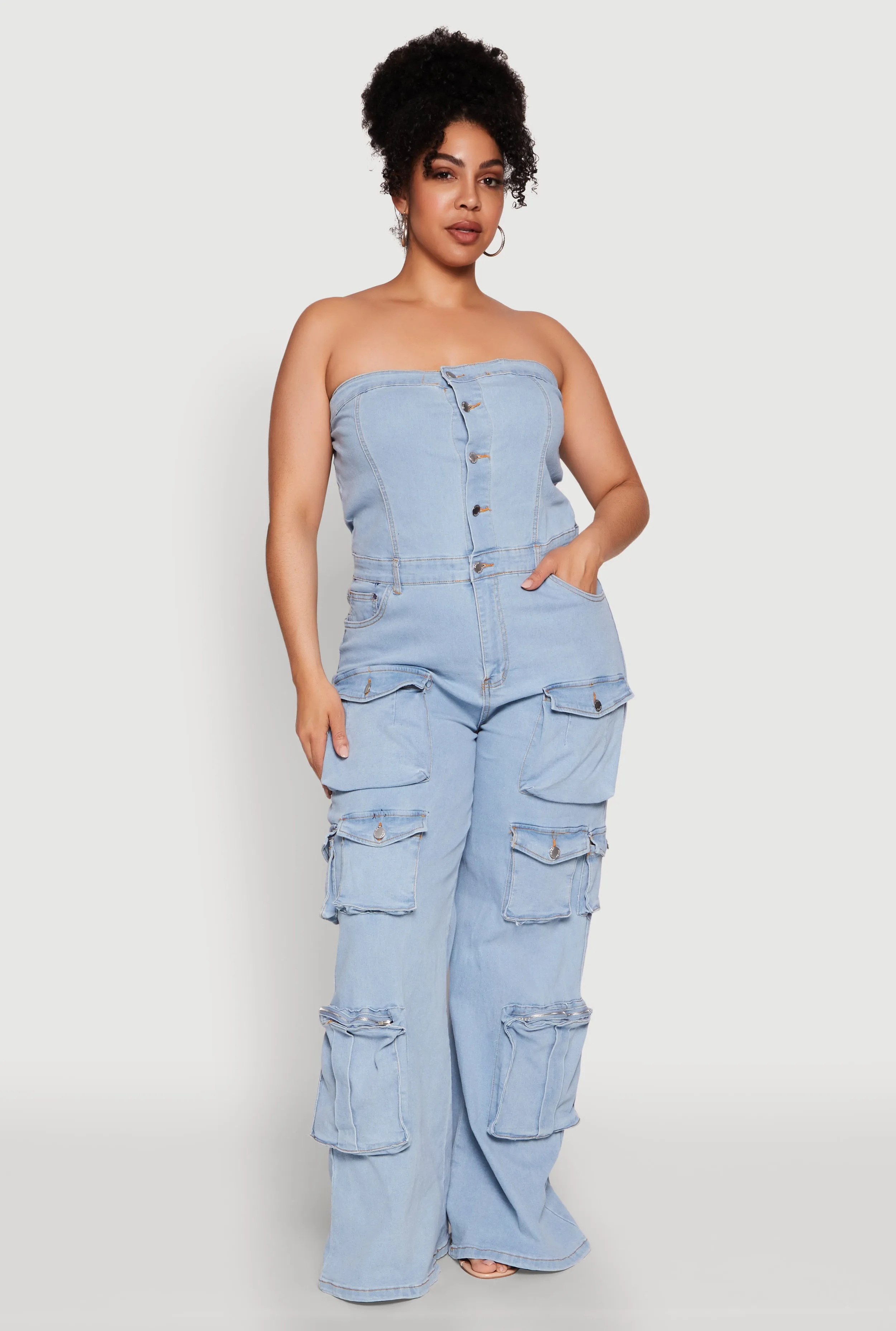 Plus Size Daisy Strapless Cargo Denim Jumpsuit sold by Rainbow