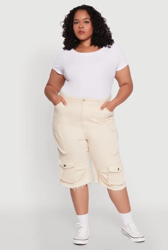 Plus Size Daisy Frayed Hem Denim Cargo Shorts sold by Rainbow