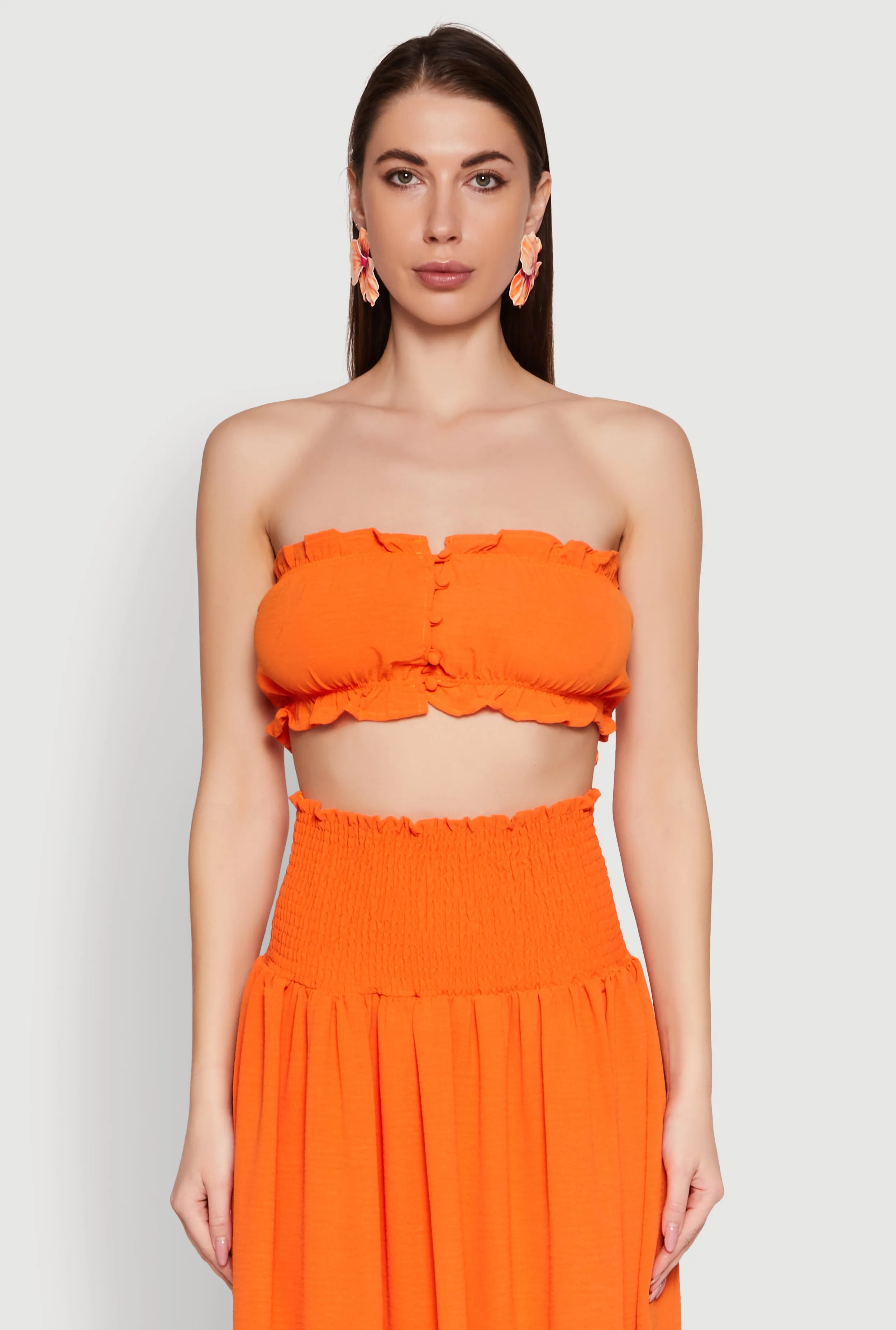 Airy Ruffled Button Front Tube Top sold by Rainbow