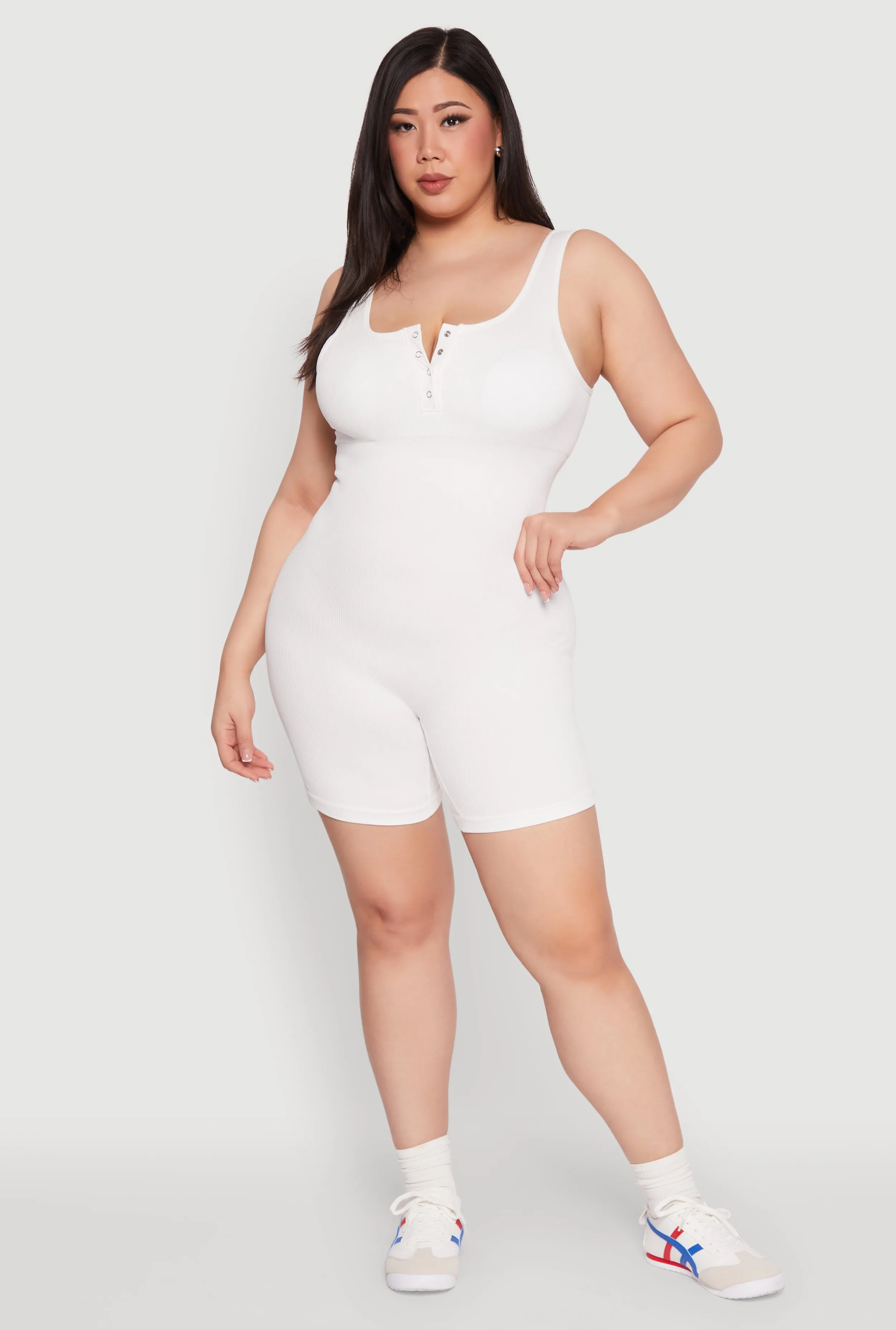 Plus Size Seamless Ribbed Sleeveless Biker Romper sold by Rainbow