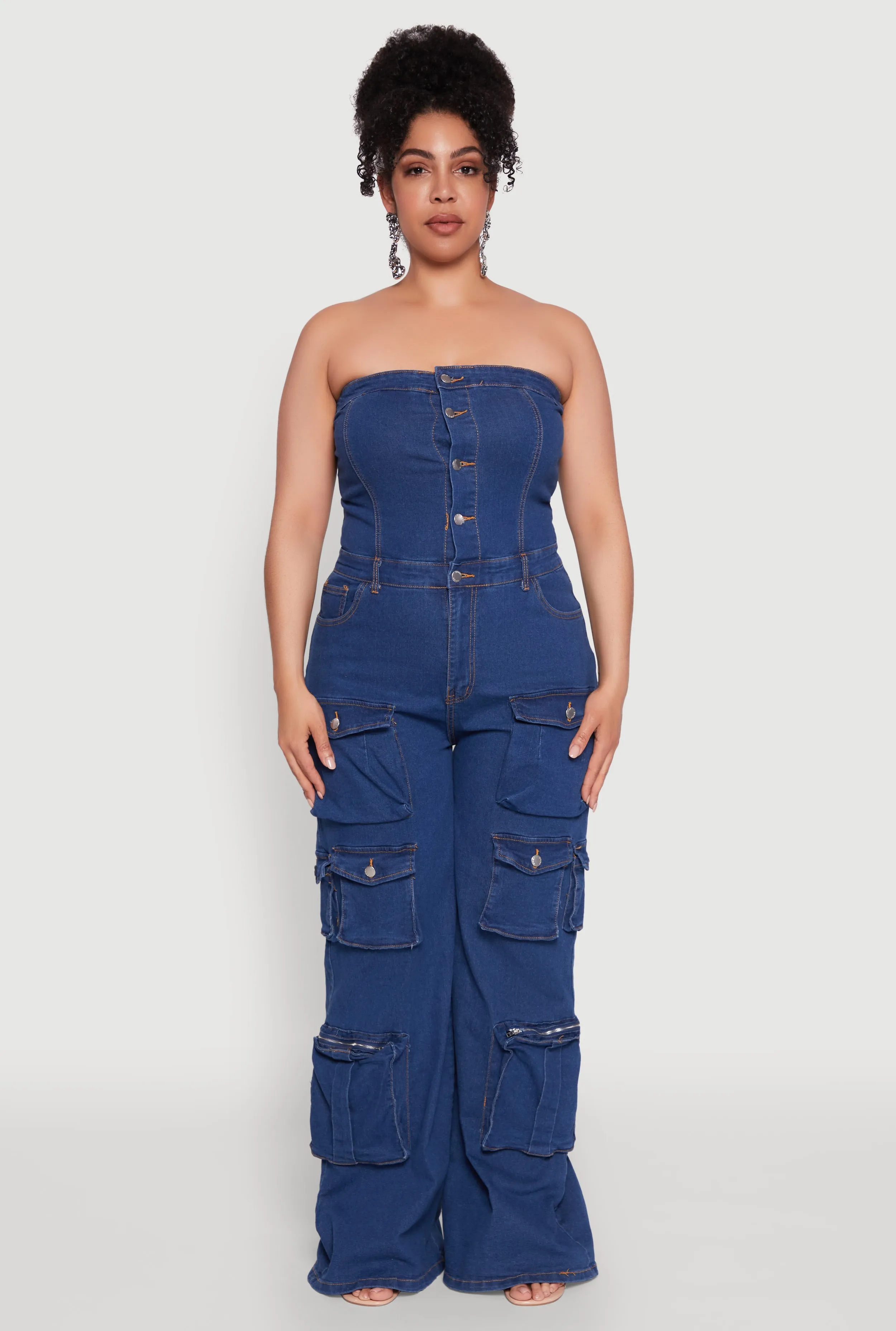 Plus Size Daisy Strapless Cargo Denim Jumpsuit sold by Rainbow