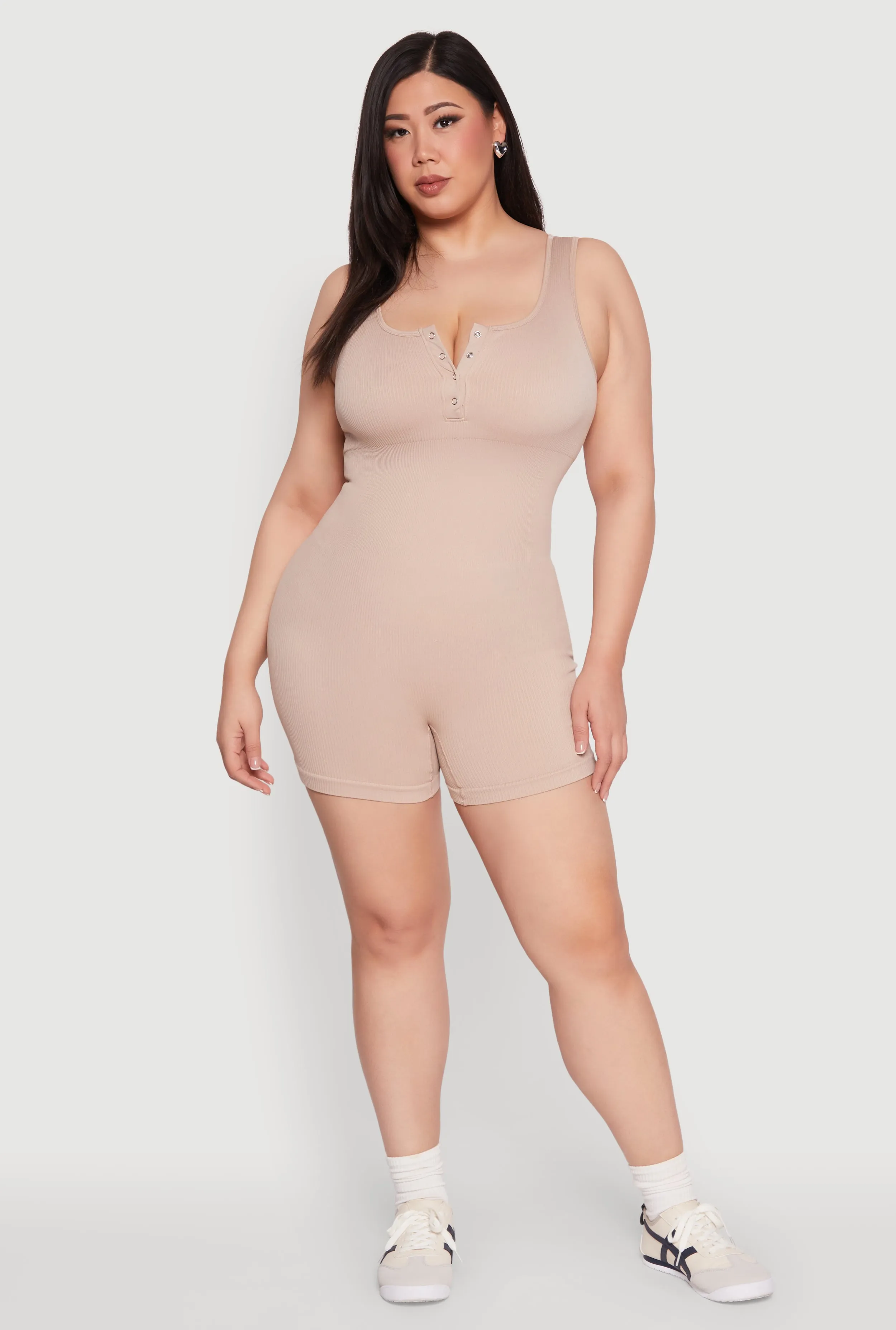 Plus Size Seamless Ribbed Sleeveless Biker Romper sold by Rainbow