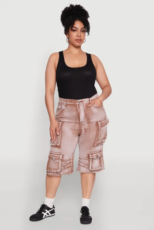 Plus Size Daisy Frayed Hem Denim Cargo Shorts sold by Rainbow