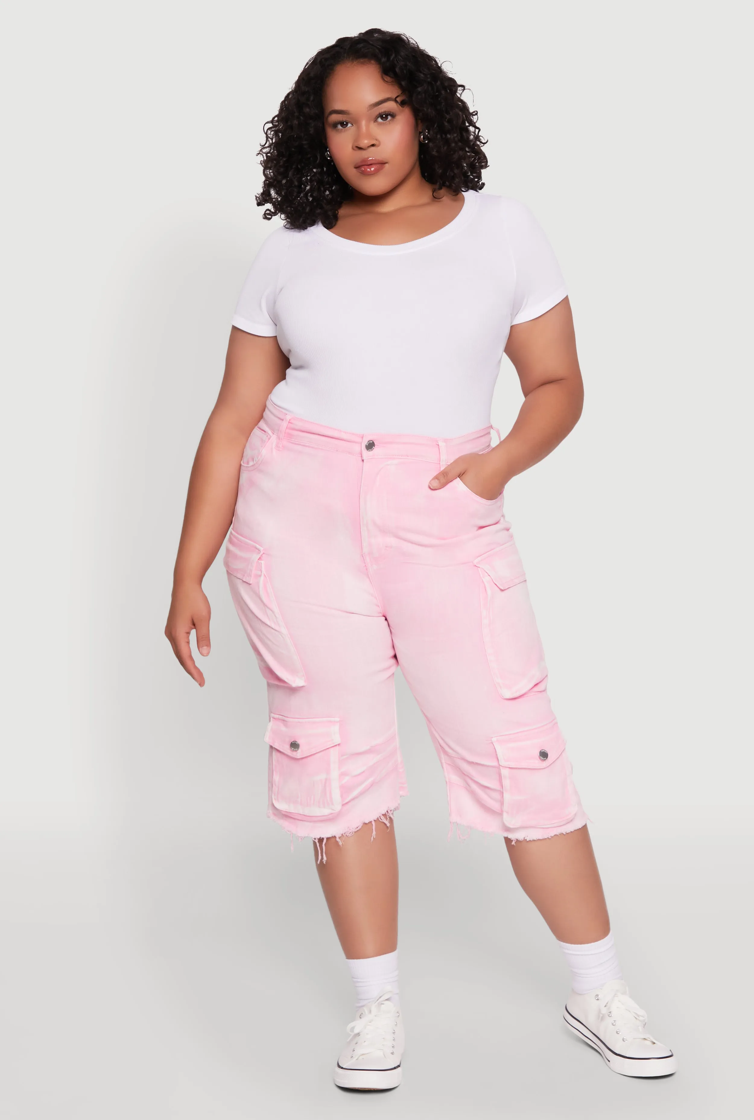 Plus Size Daisy Frayed Hem Denim Cargo Shorts sold by Rainbow