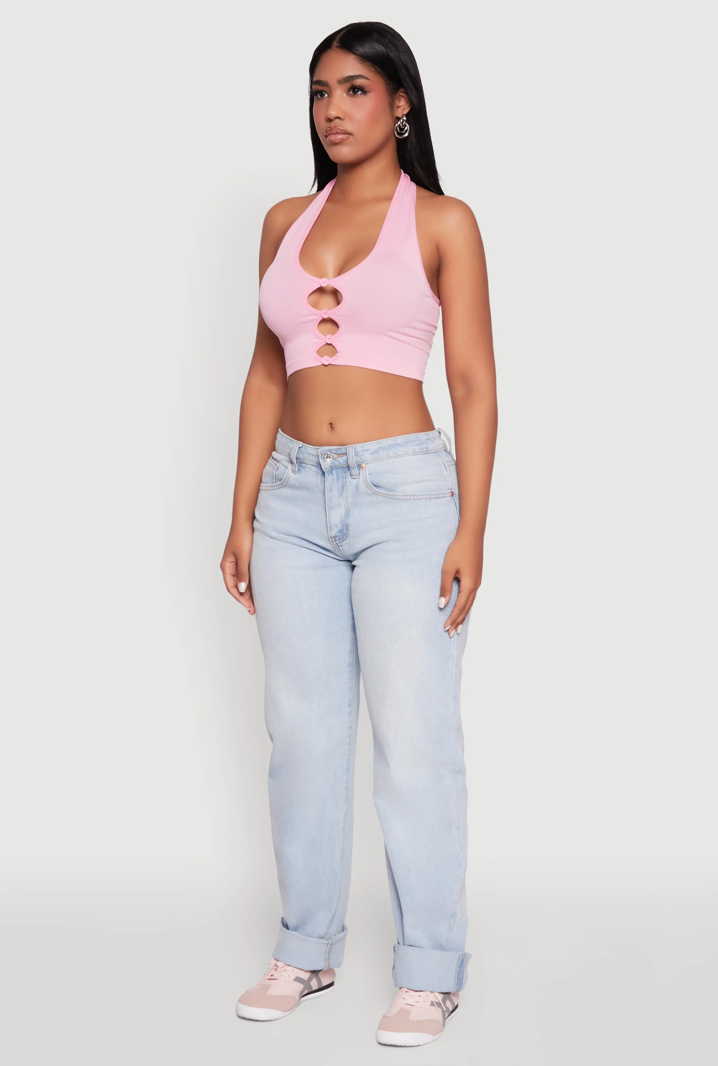 Button Front Cut Out Halter Neck Crop Top sold by Rainbow product image thumbnail 5