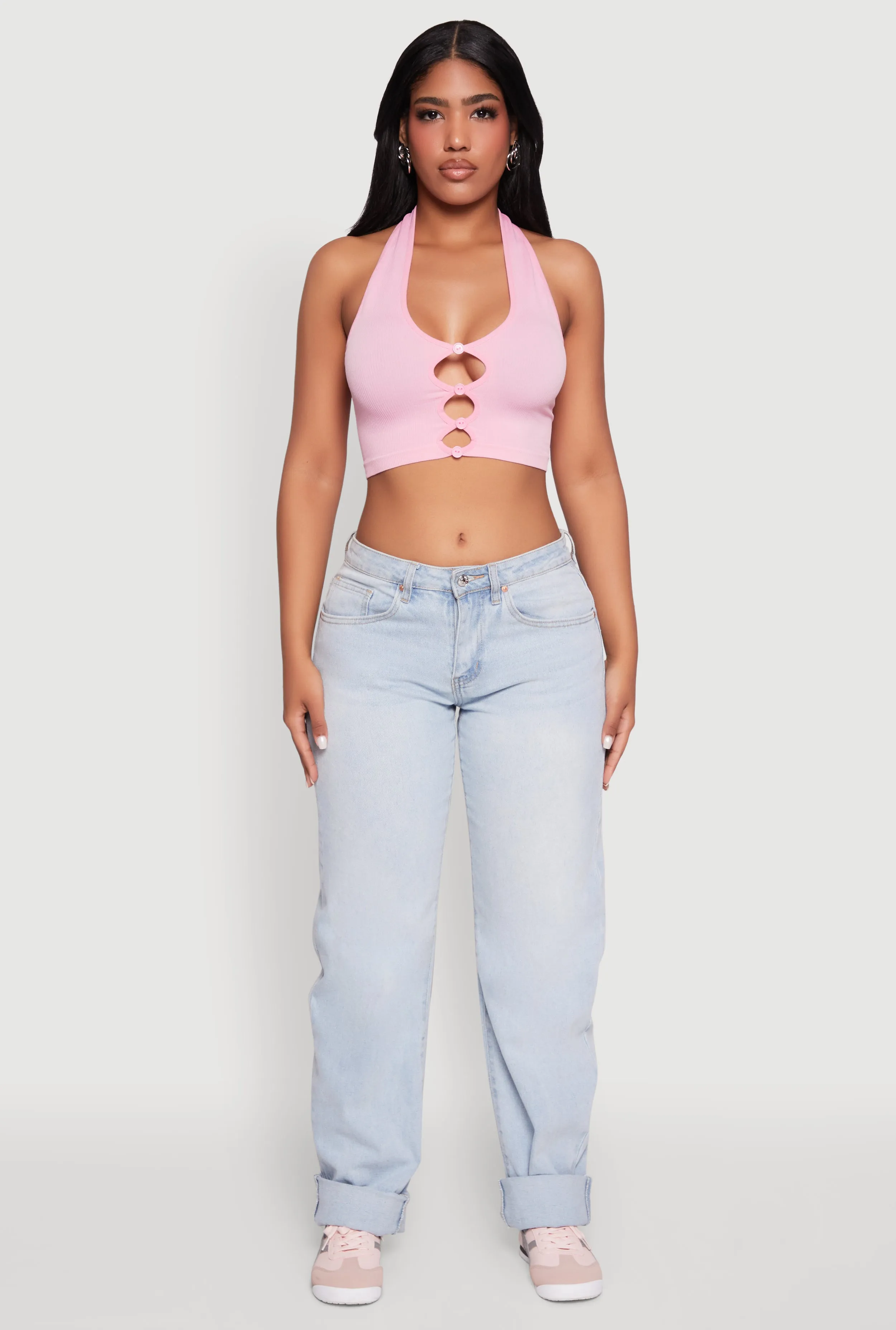 Button Front Cut Out Halter Neck Crop Top sold by Rainbow product image thumbnail 3
