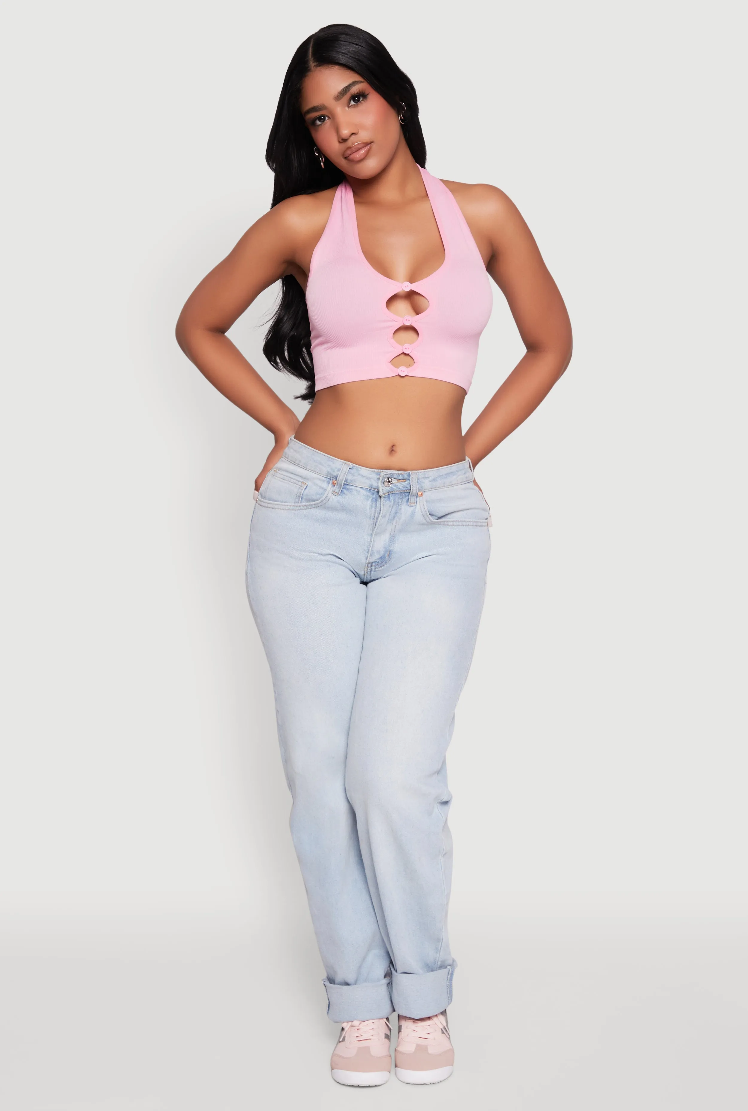 Button Front Cut Out Halter Neck Crop Top sold by Rainbow