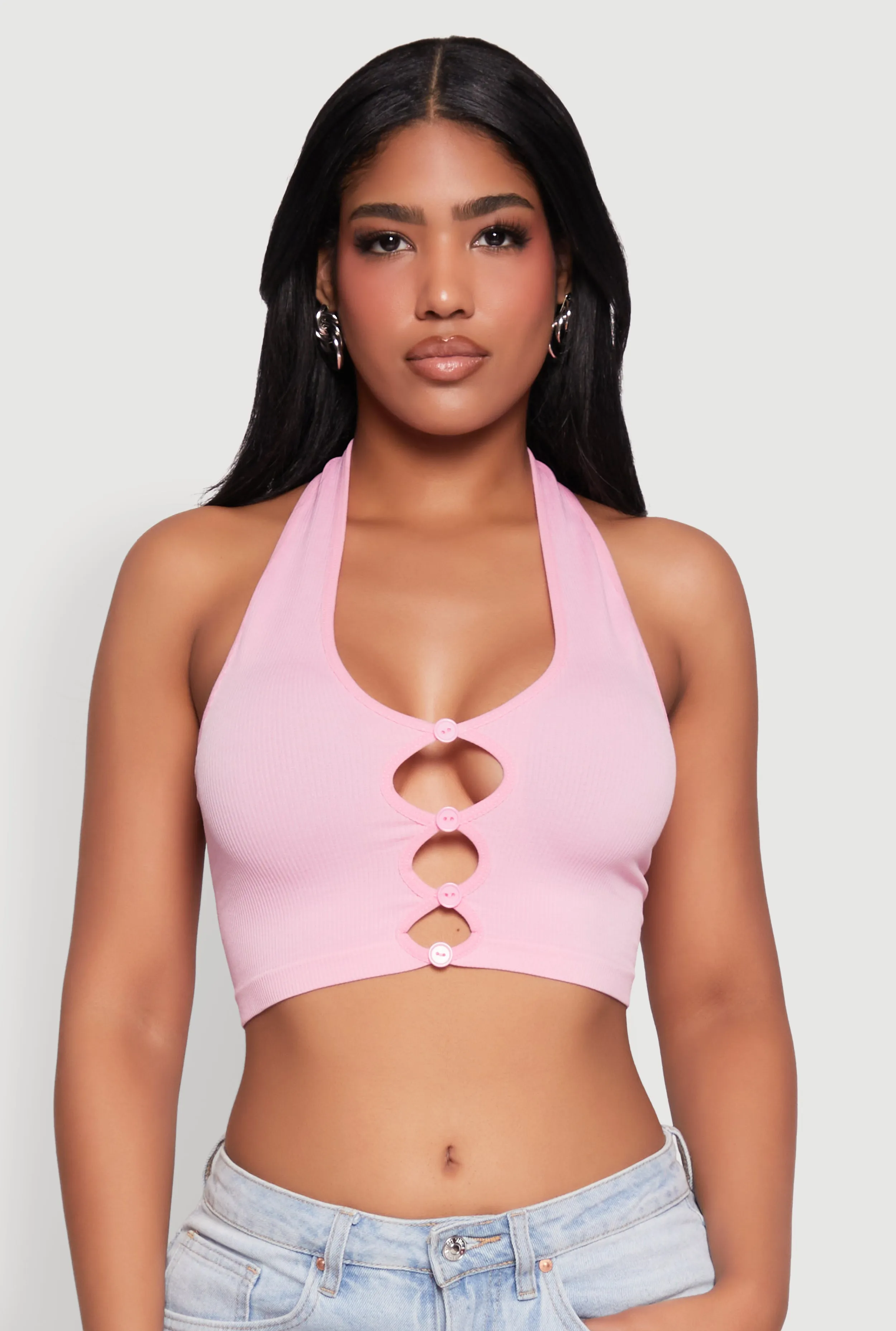 Button Front Cut Out Halter Neck Crop Top sold by Rainbow product image thumbnail 2