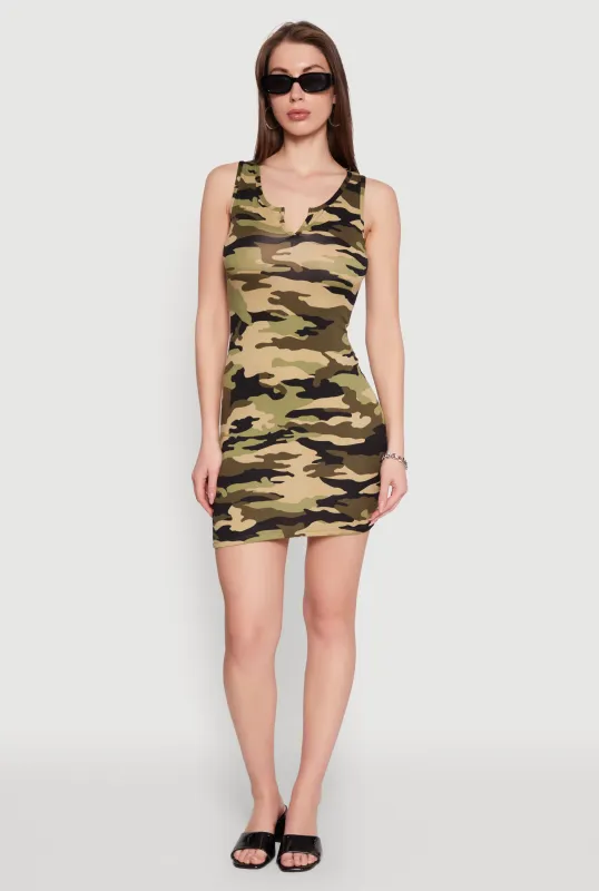 Camo Notch Neck Mini Tank Dress made by Rainbow