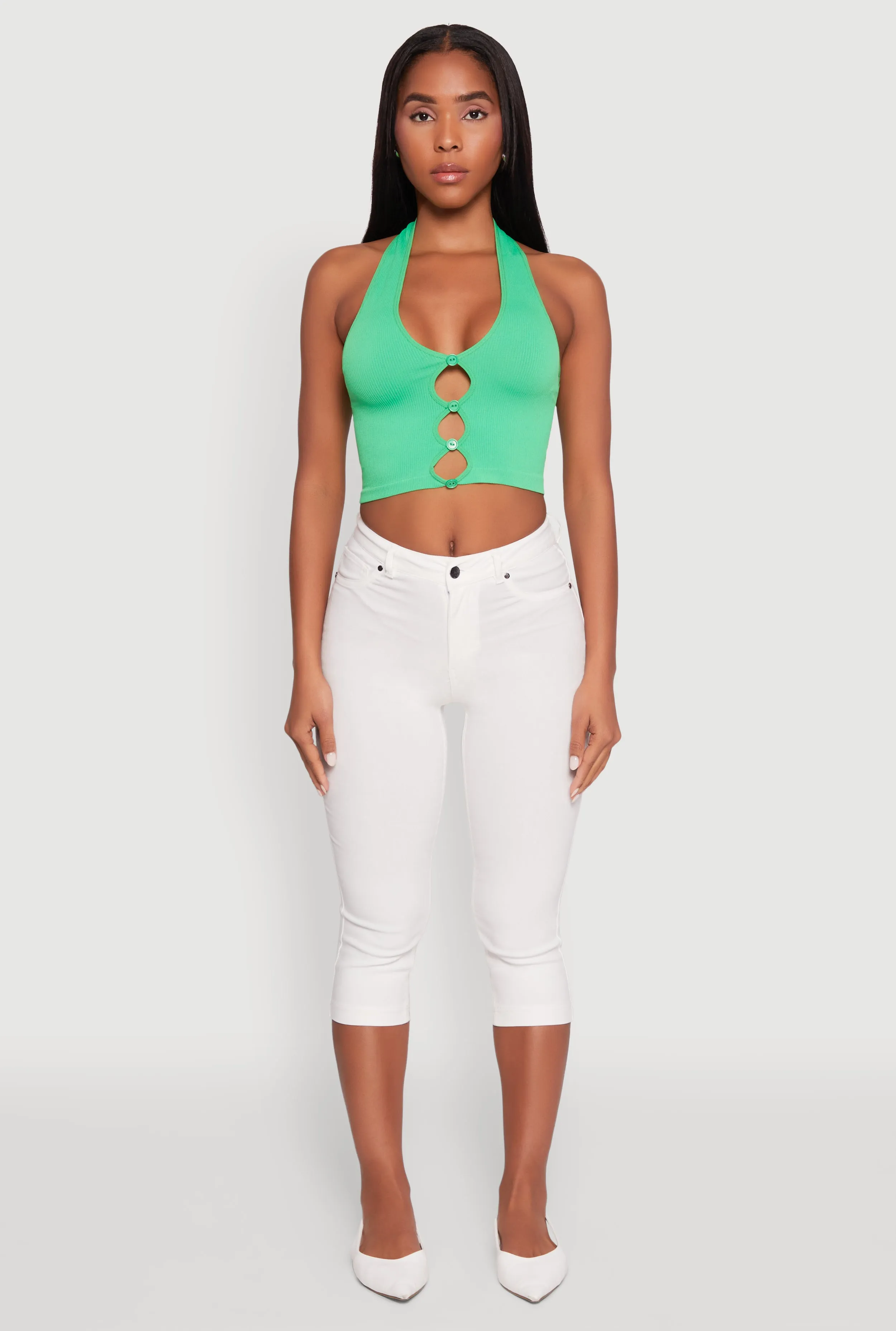 Button Front Cut Out Halter Neck Crop Top sold by Rainbow product image thumbnail 5