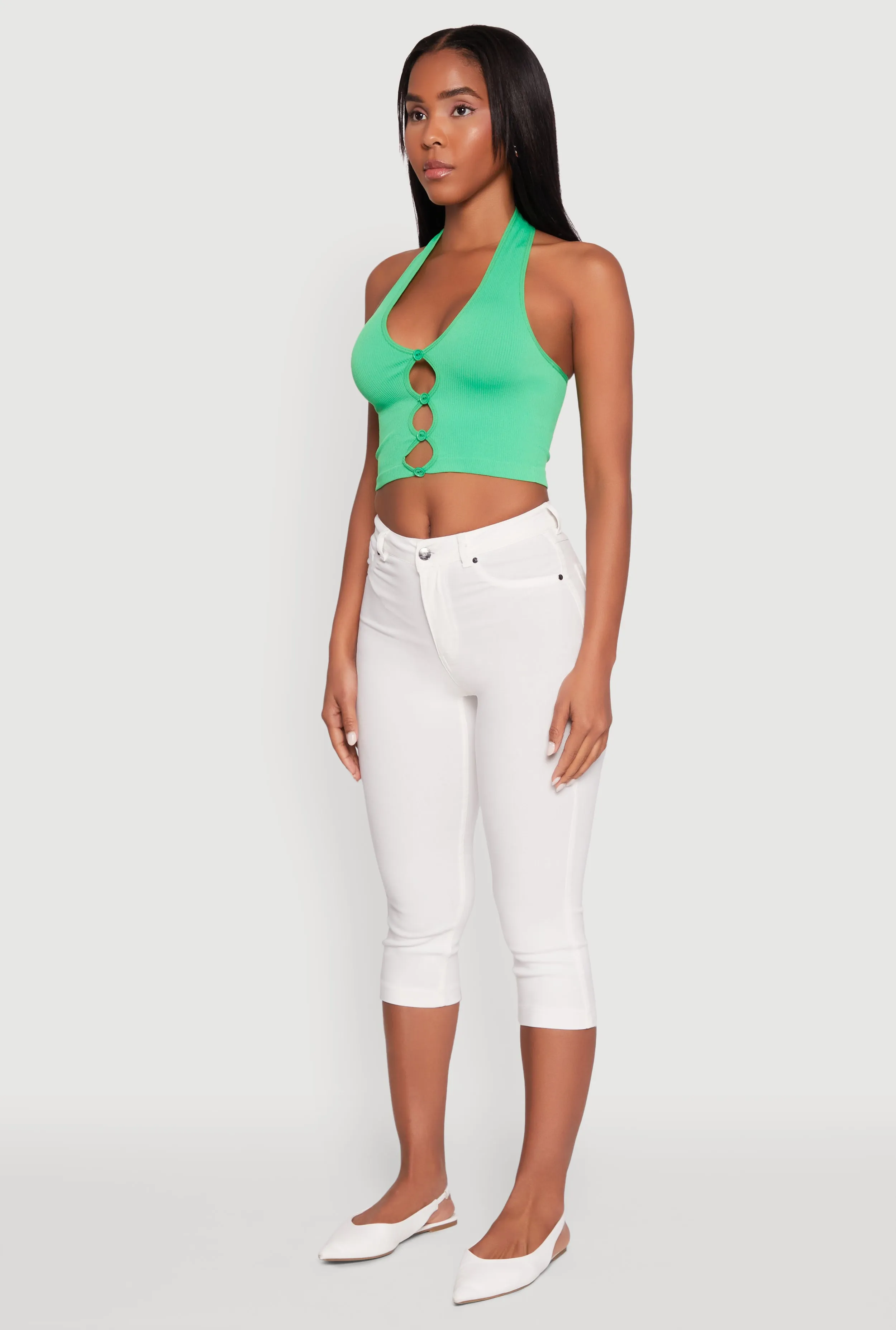 Button Front Cut Out Halter Neck Crop Top sold by Rainbow product image thumbnail 3