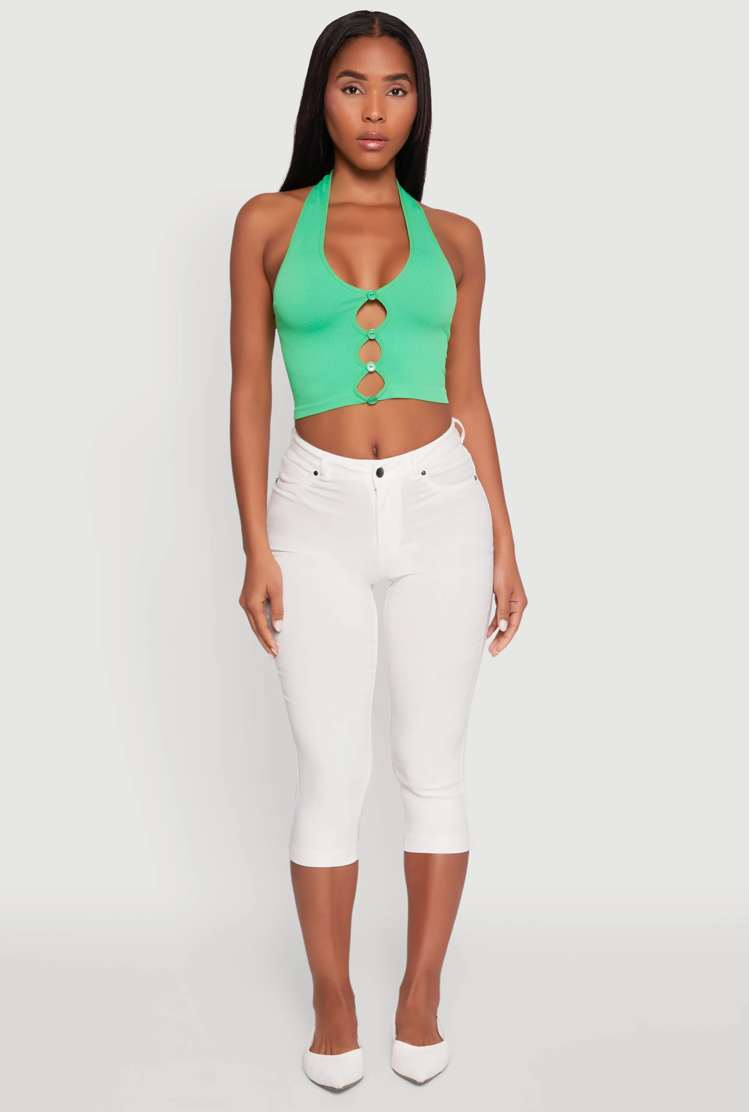 Button Front Cut Out Halter Neck Crop Top sold by Rainbow