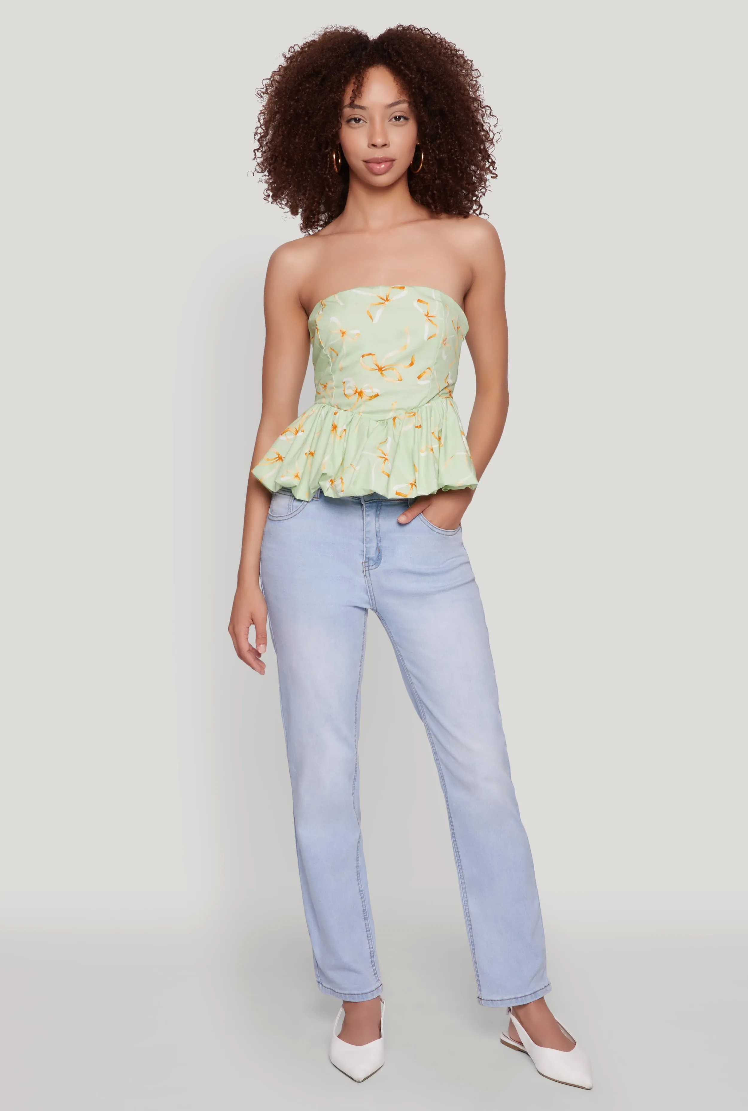 Bow Print Bubble Hem Blouse sold by Rainbow