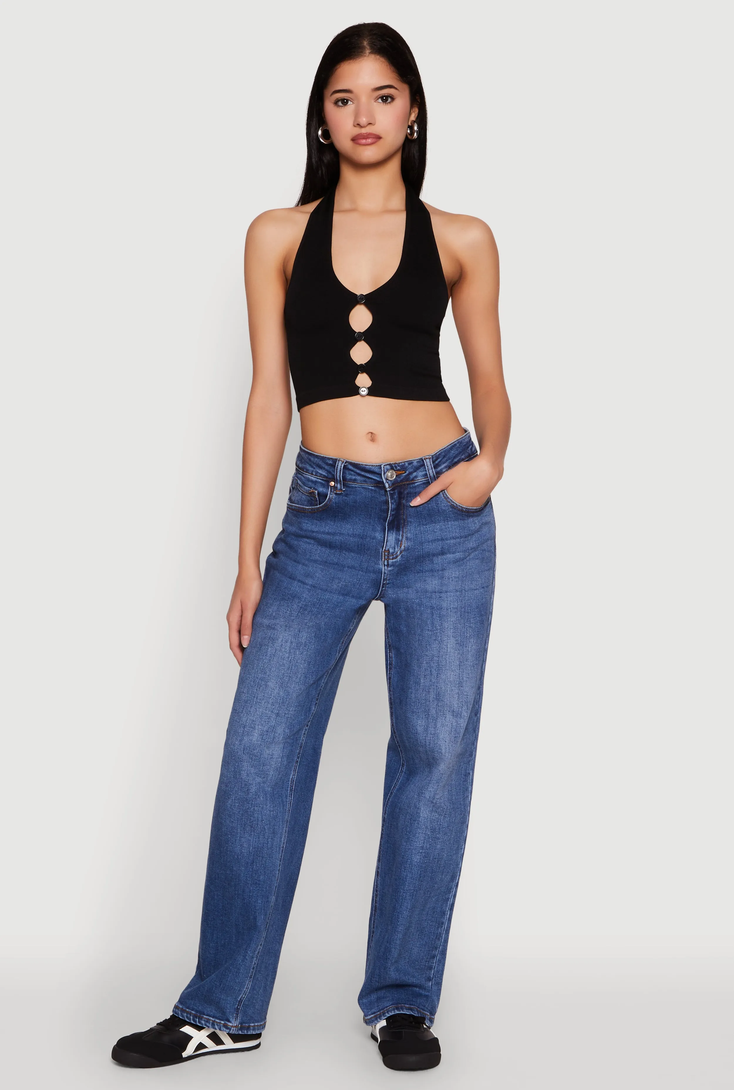 Button Front Cut Out Halter Neck Crop Top sold by Rainbow product image thumbnail 3