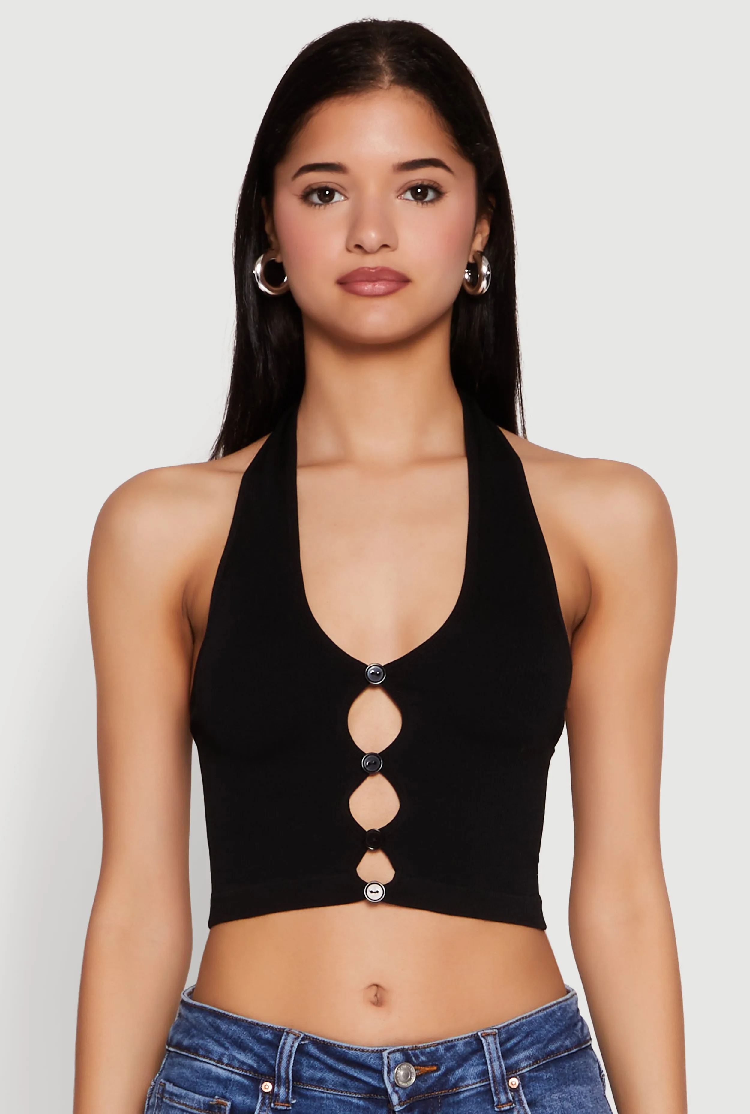 Button Front Cut Out Halter Neck Crop Top sold by Rainbow product image thumbnail 2