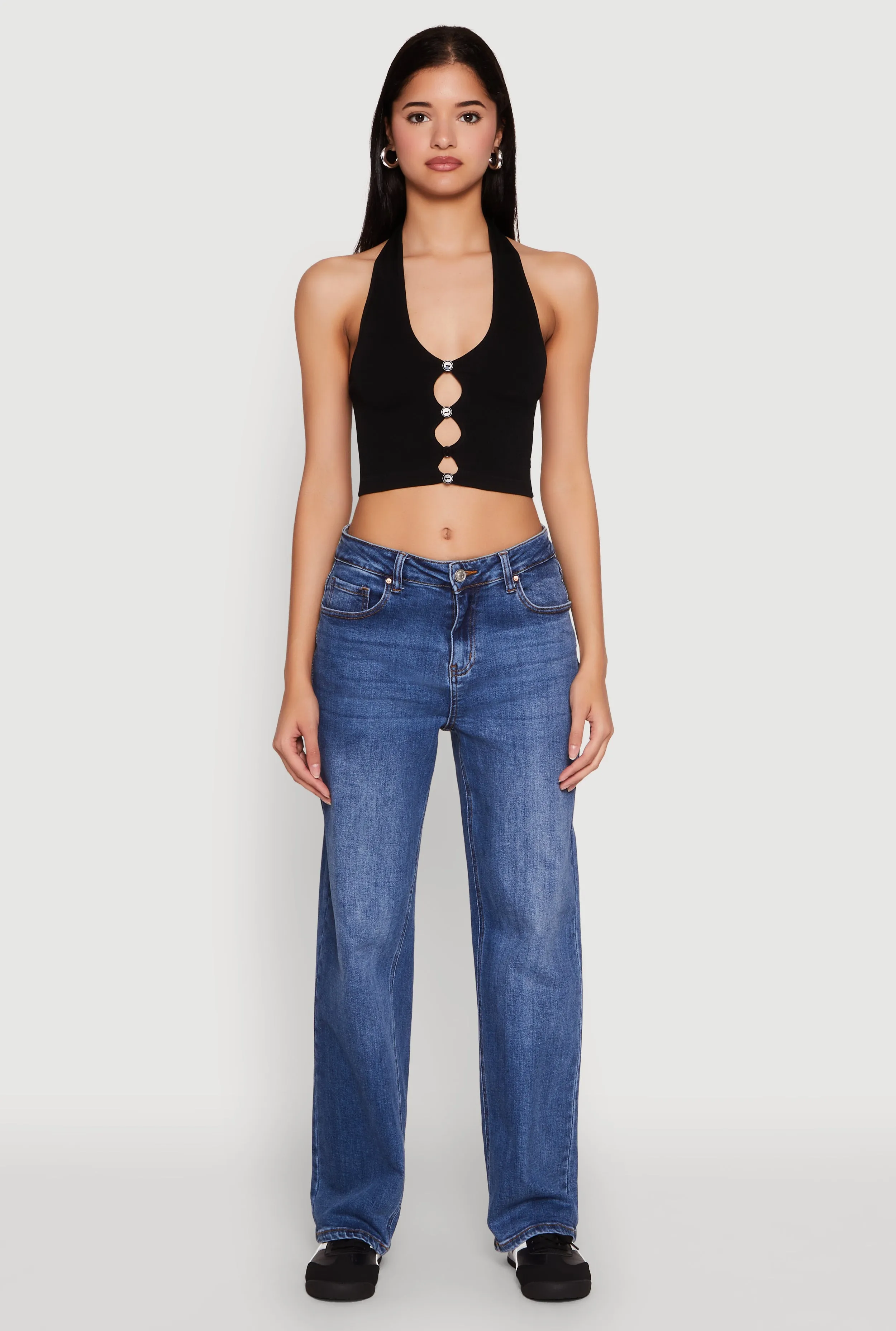 Button Front Cut Out Halter Neck Crop Top sold by Rainbow
