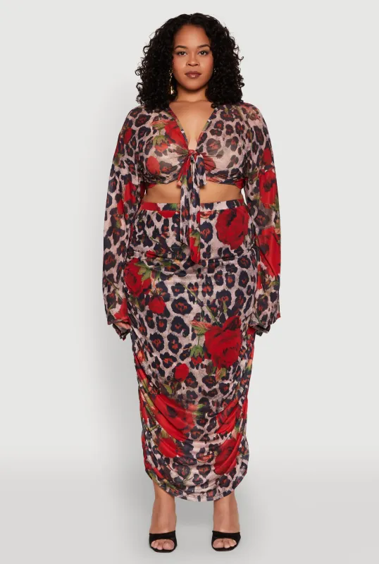 Plus Size Mesh Jaguar Rose Print Ruched Skirt sold by Rainbow