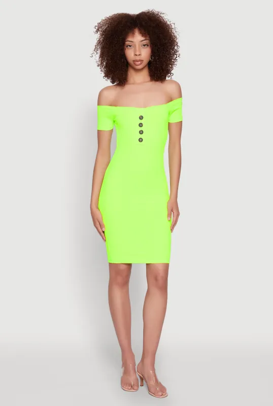 Faux Button Detail Off the Shoulder Mini Dress sold by Rainbow