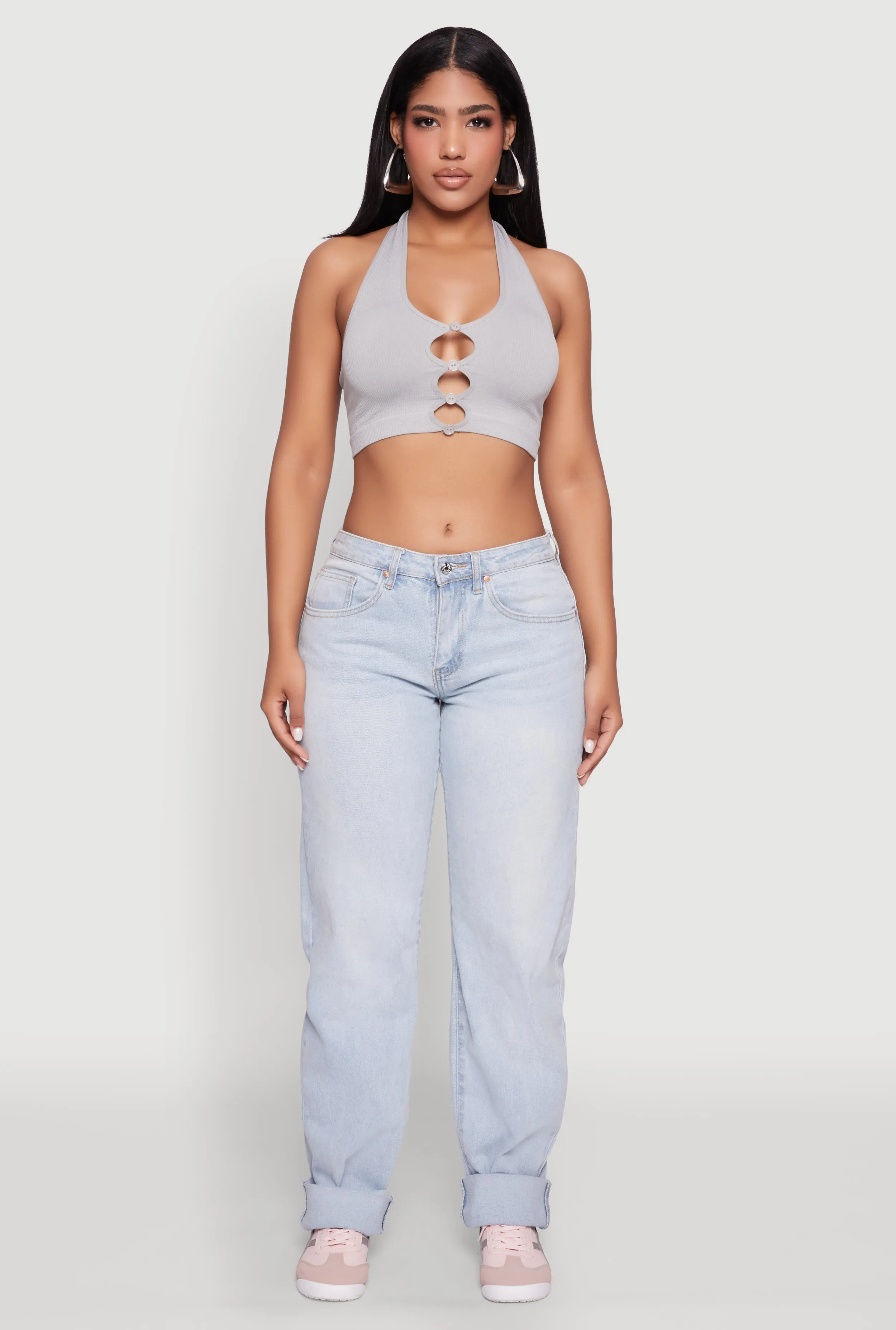 Button Front Cut Out Halter Neck Crop Top sold by Rainbow product image thumbnail 3