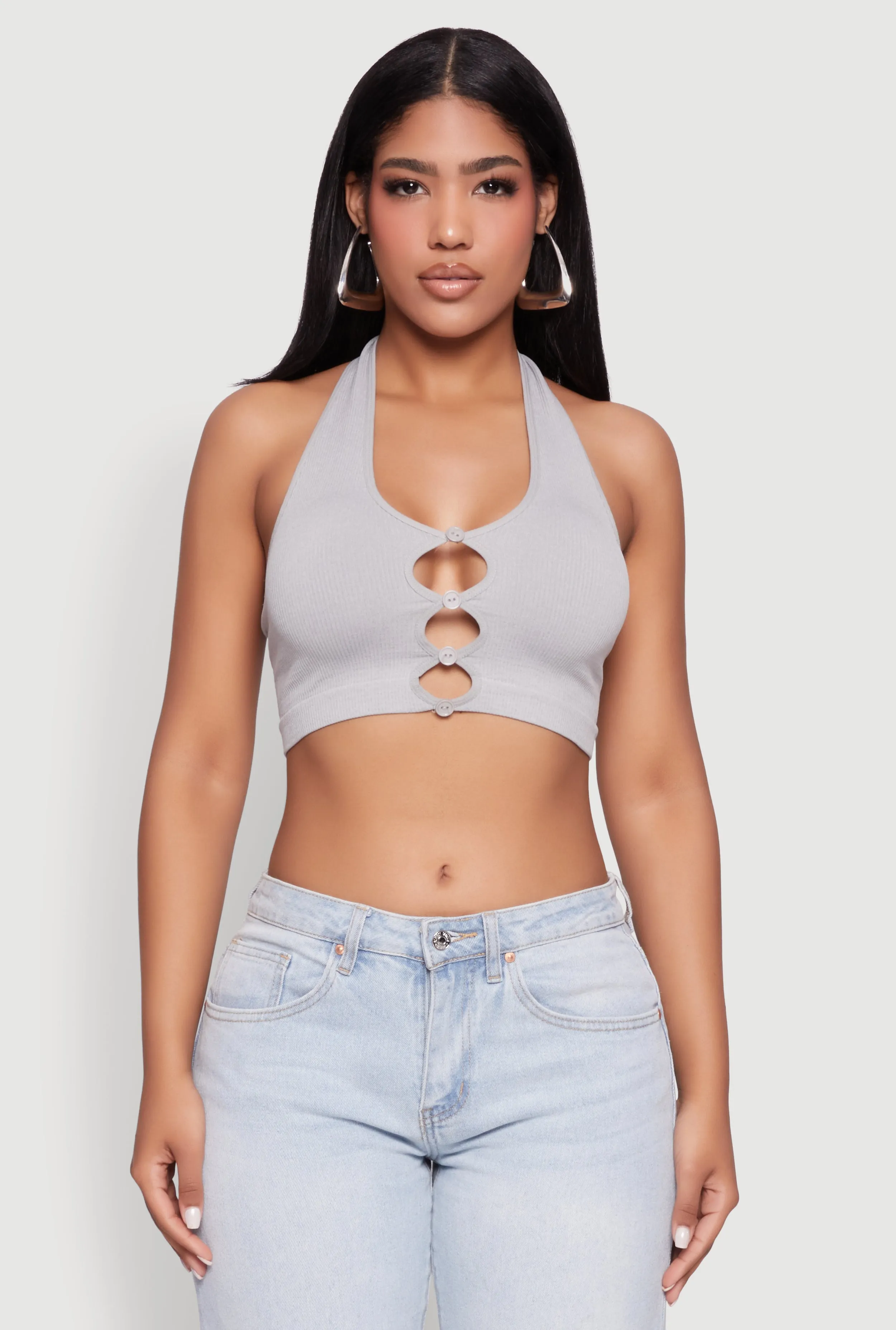 Button Front Cut Out Halter Neck Crop Top sold by Rainbow product image thumbnail 2