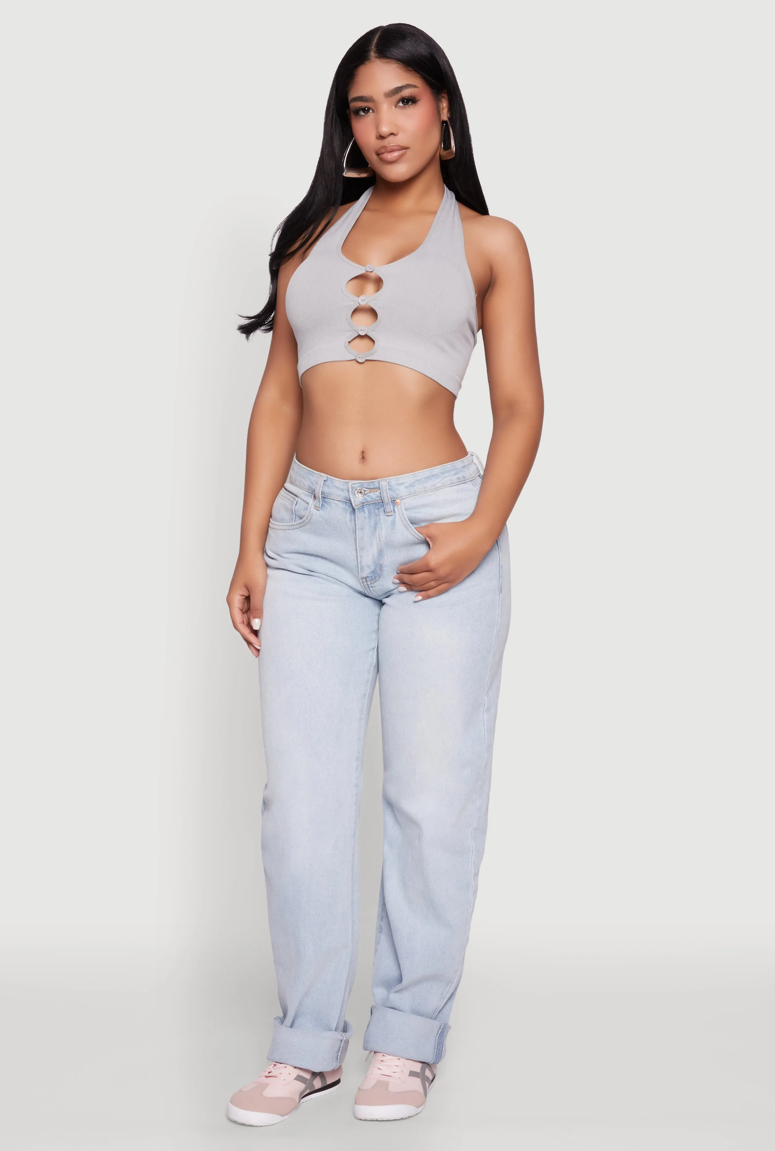 Button Front Cut Out Halter Neck Crop Top sold by Rainbow