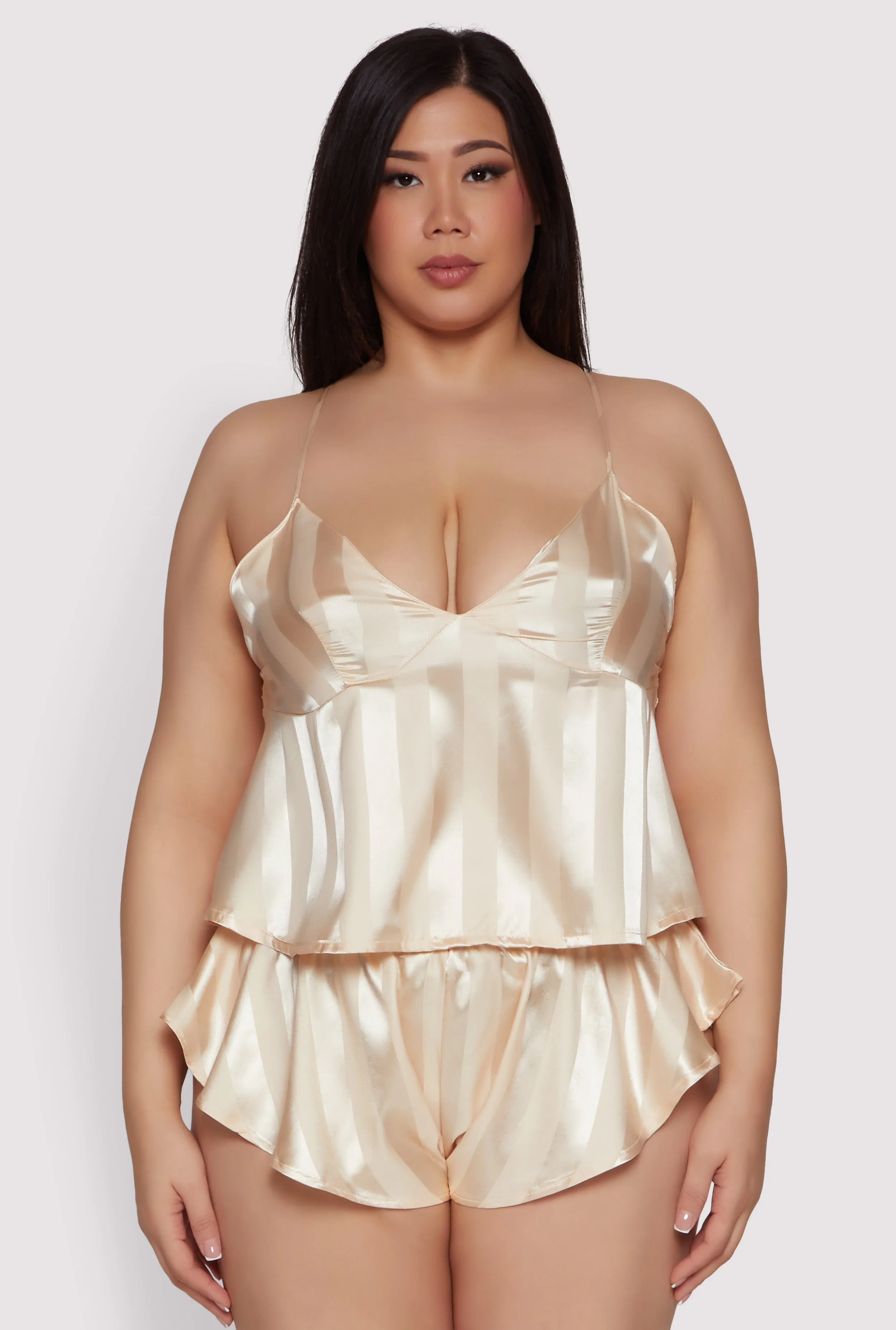 Plus Size Shadow Stripe Strappy Back Pajama Cami with Shorts sold by Rainbow