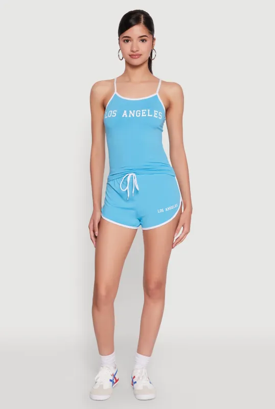 Los Angeles Graphic Contrast Trim Dolphin Shorts sold by Rainbow