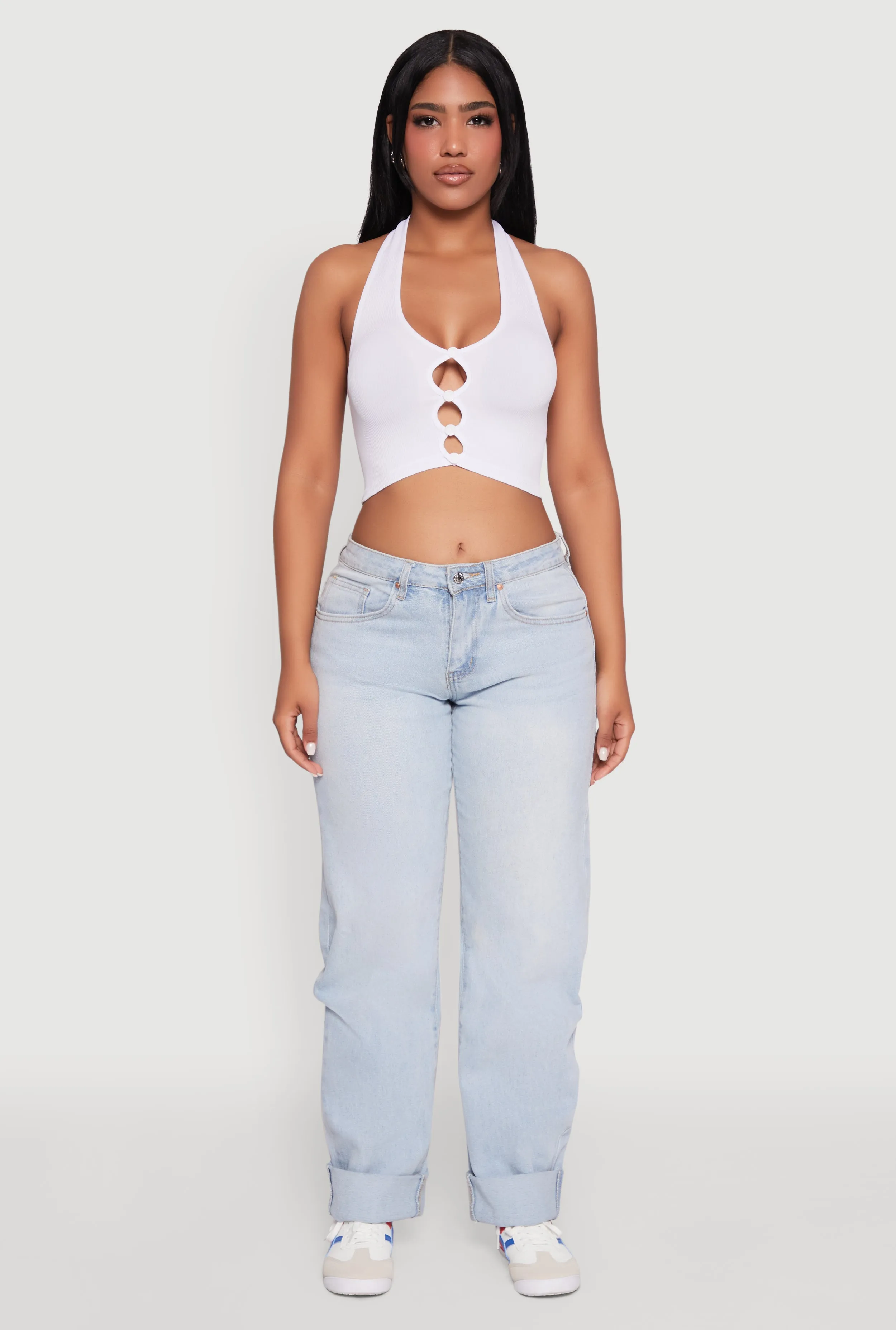 Button Front Cut Out Halter Neck Crop Top sold by Rainbow product image thumbnail 3