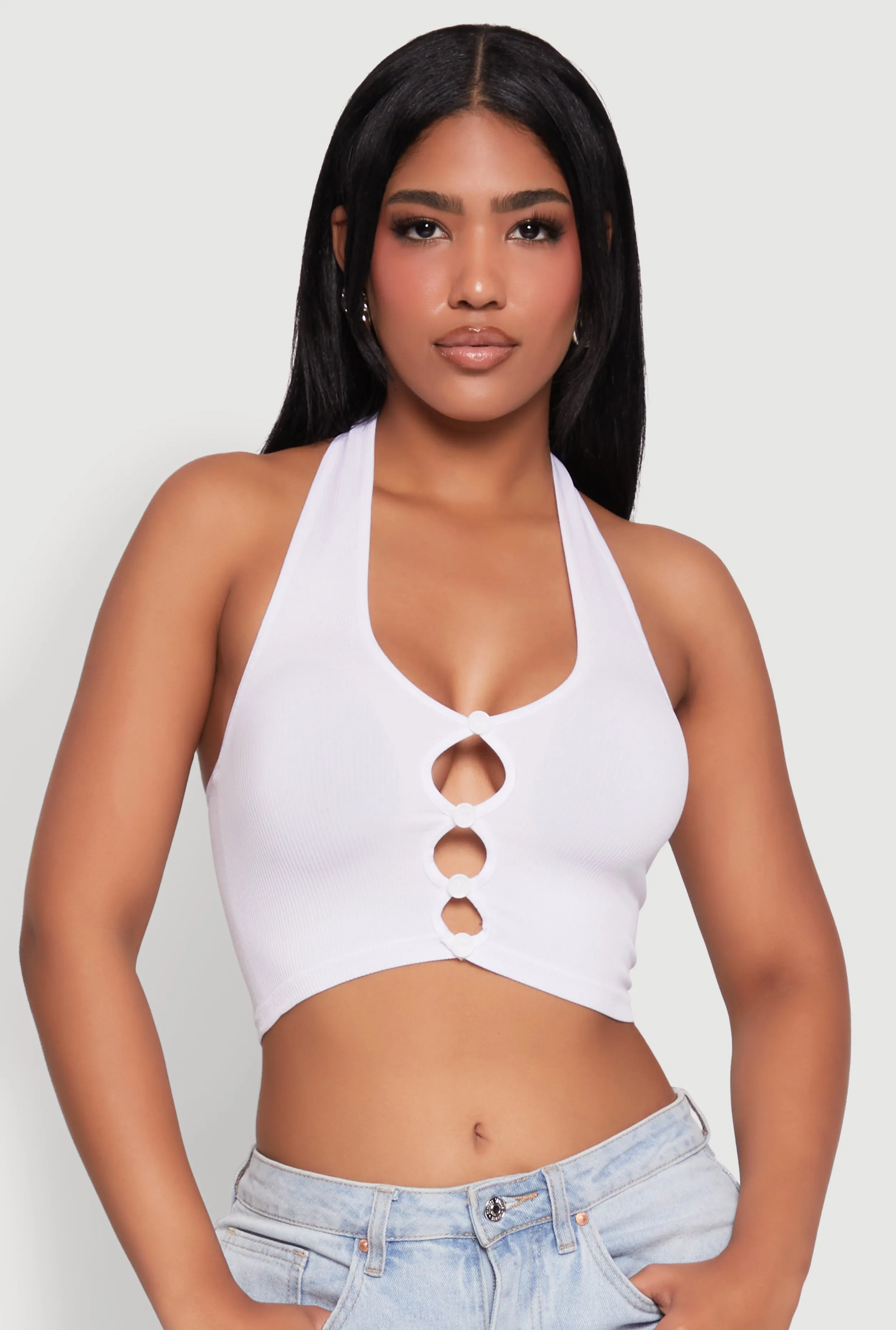 Button Front Cut Out Halter Neck Crop Top sold by Rainbow product image thumbnail 2