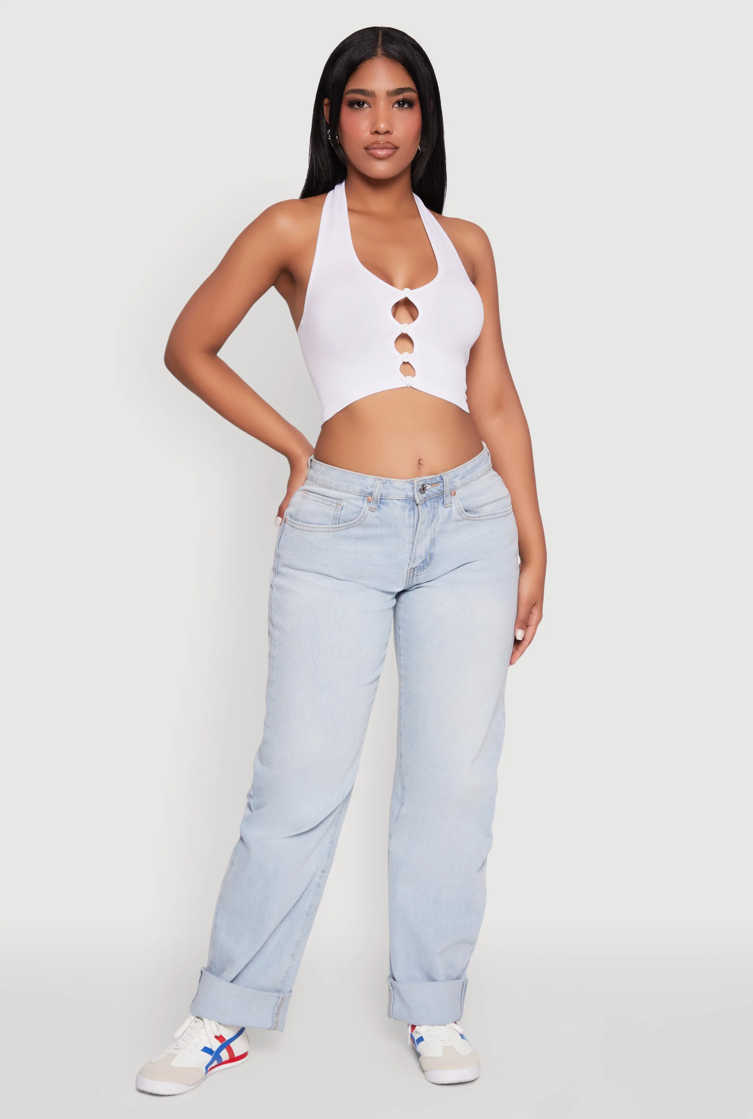 Button Front Cut Out Halter Neck Crop Top sold by Rainbow