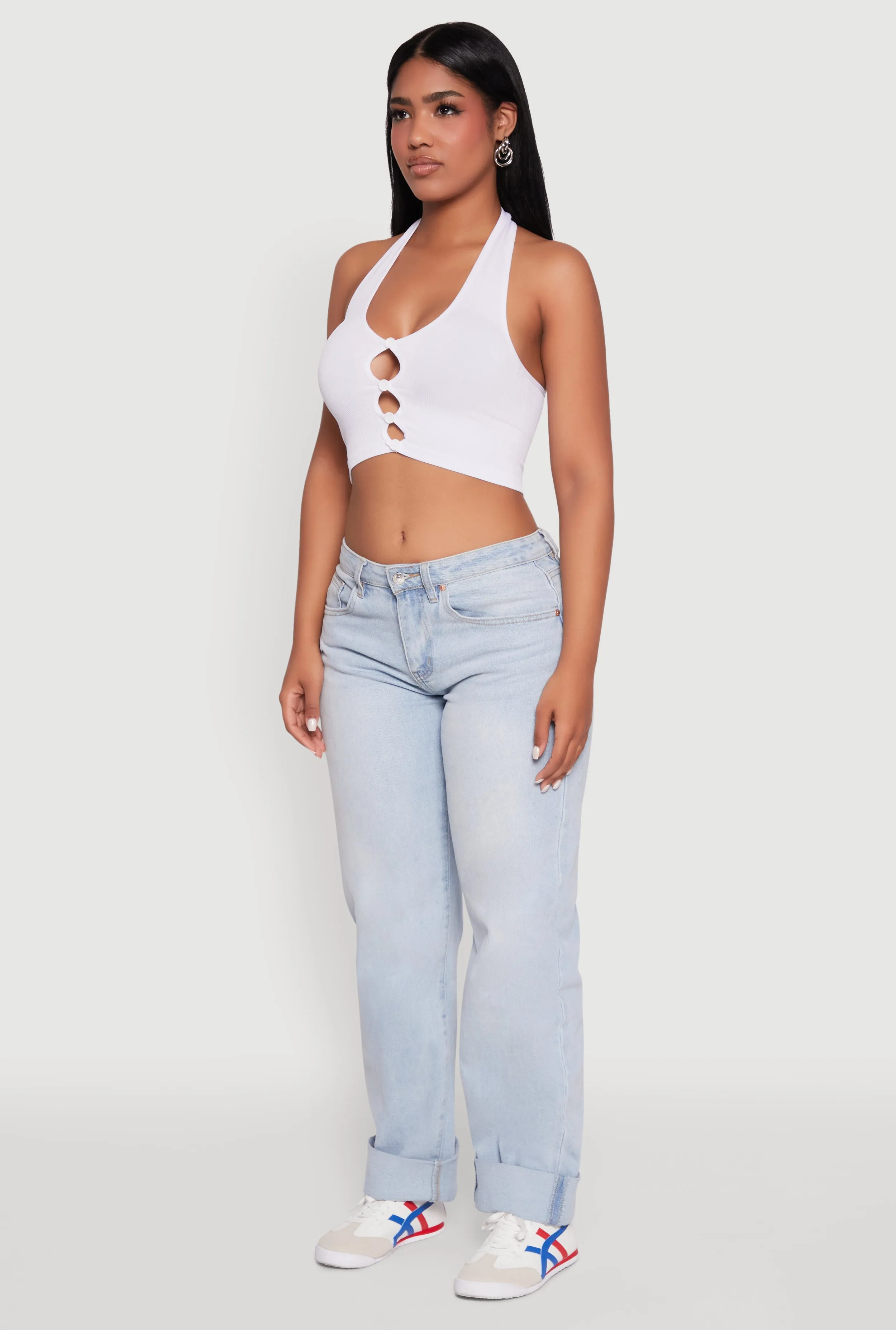Button Front Cut Out Halter Neck Crop Top sold by Rainbow product image thumbnail 5