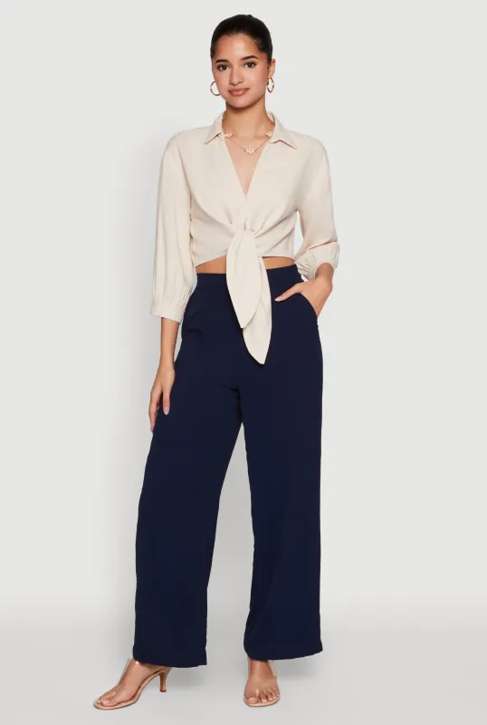 Haute Monde Linen Tie Front Crop Top sold by Rainbow