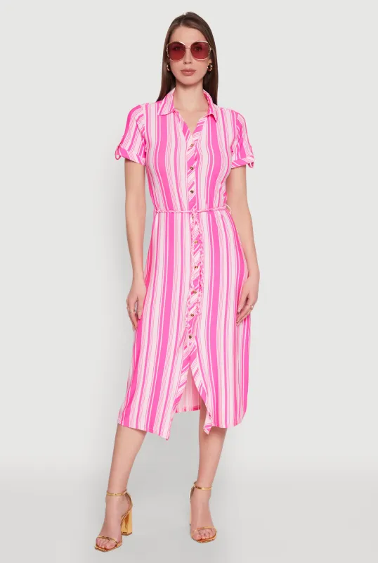 Striped Tie Waist Belted Shirt Dress sold by Rainbow